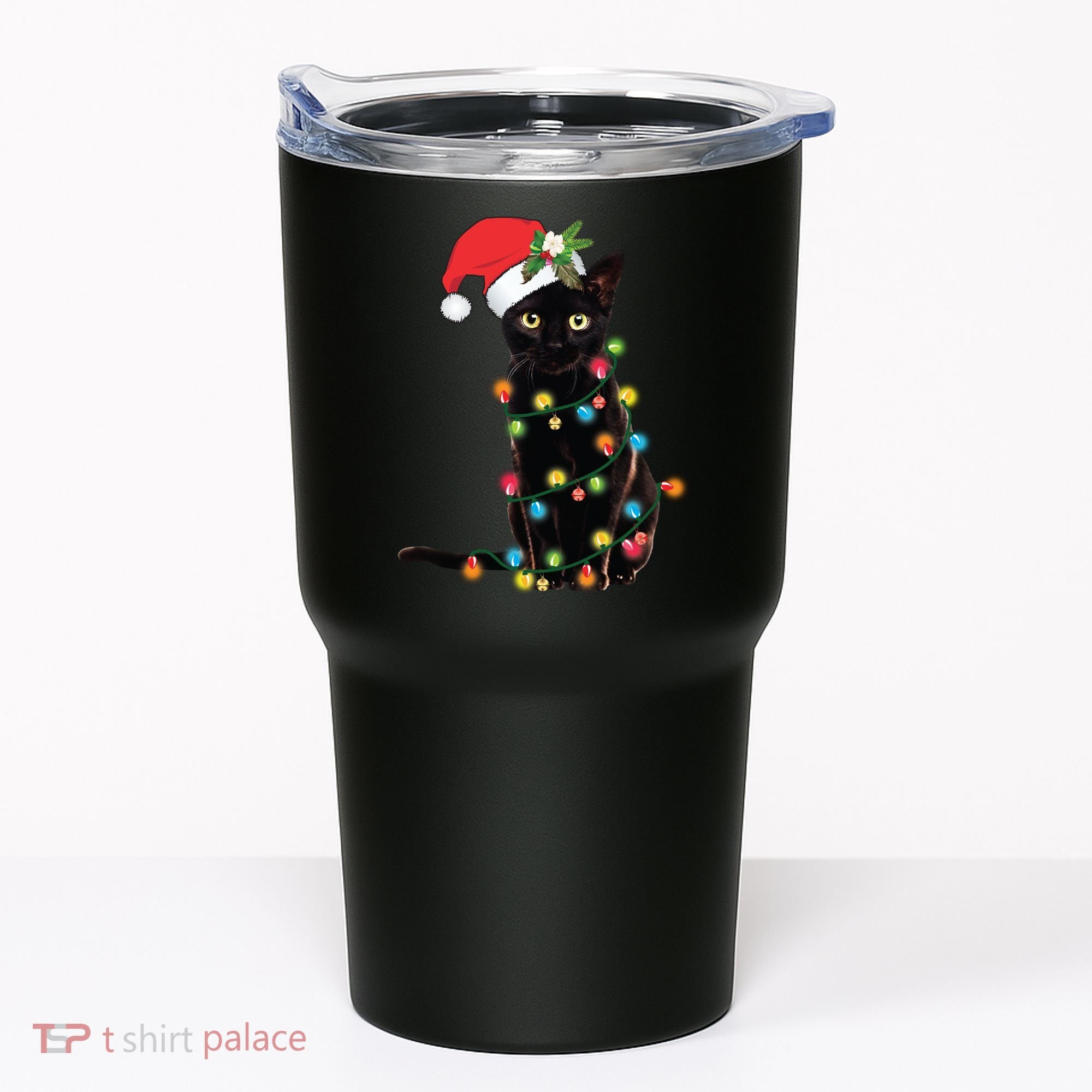 Santa Black Cat Tangled Up In Christmas Tree Lights Holiday Long Sleeve TShirt Tumbler
