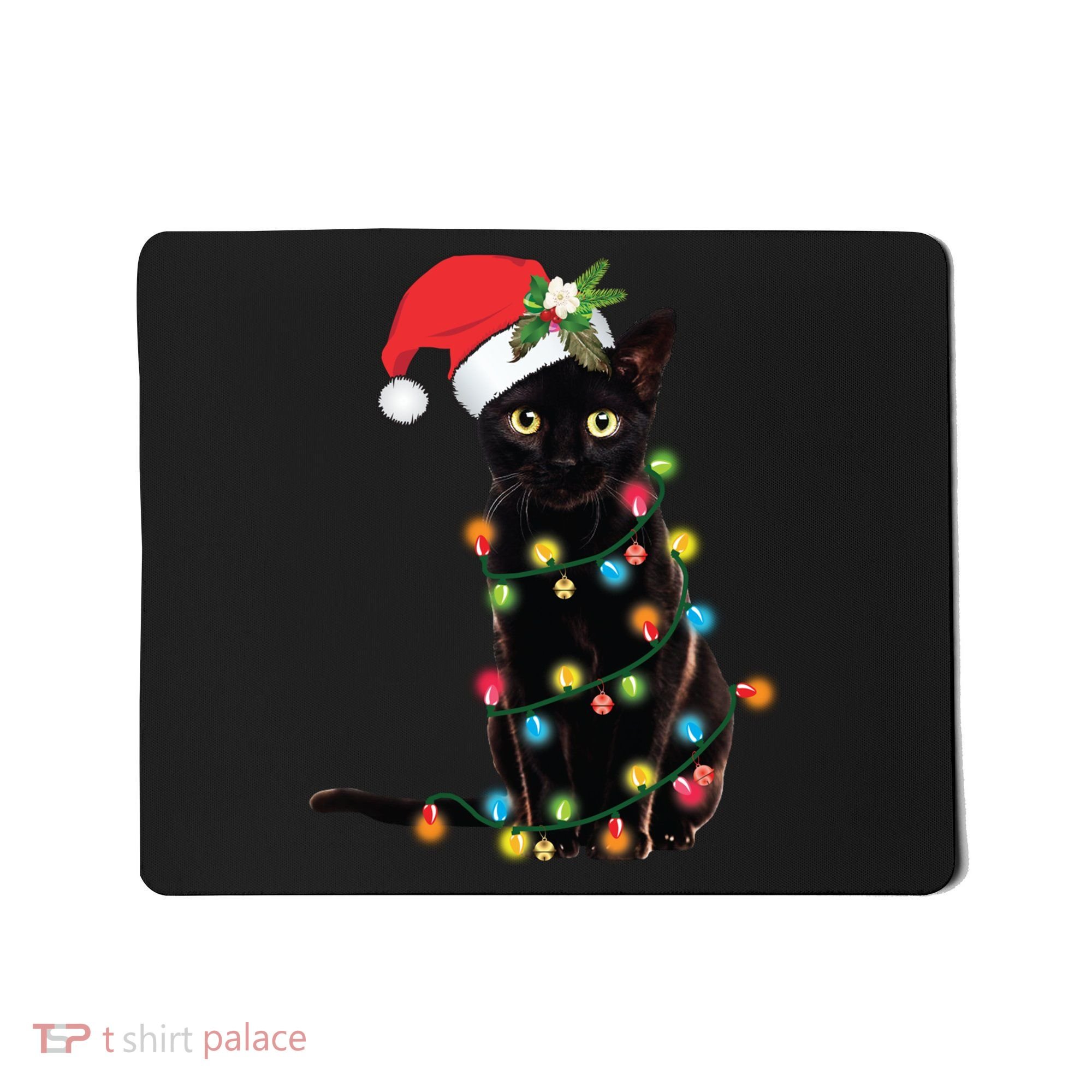 Santa Black Cat Tangled Up In Christmas Tree Lights Holiday Long Sleeve TShirt Mousepad