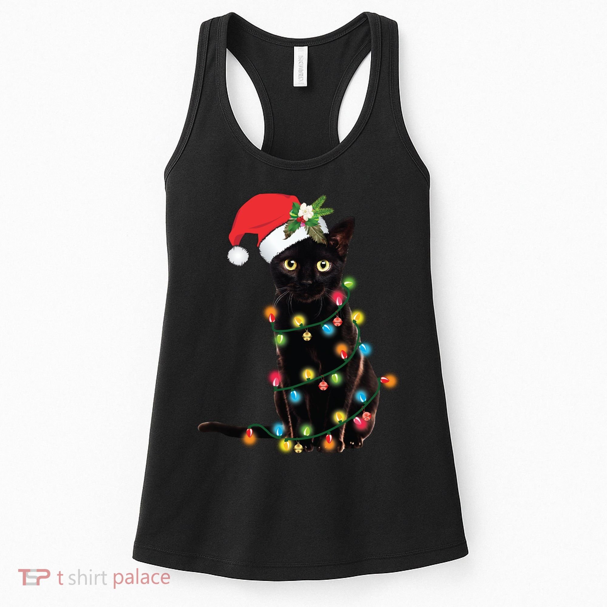 Santa Black Cat Tangled Up In Christmas Tree Lights Holiday Long Sleeve TShirt Women's Tank Top