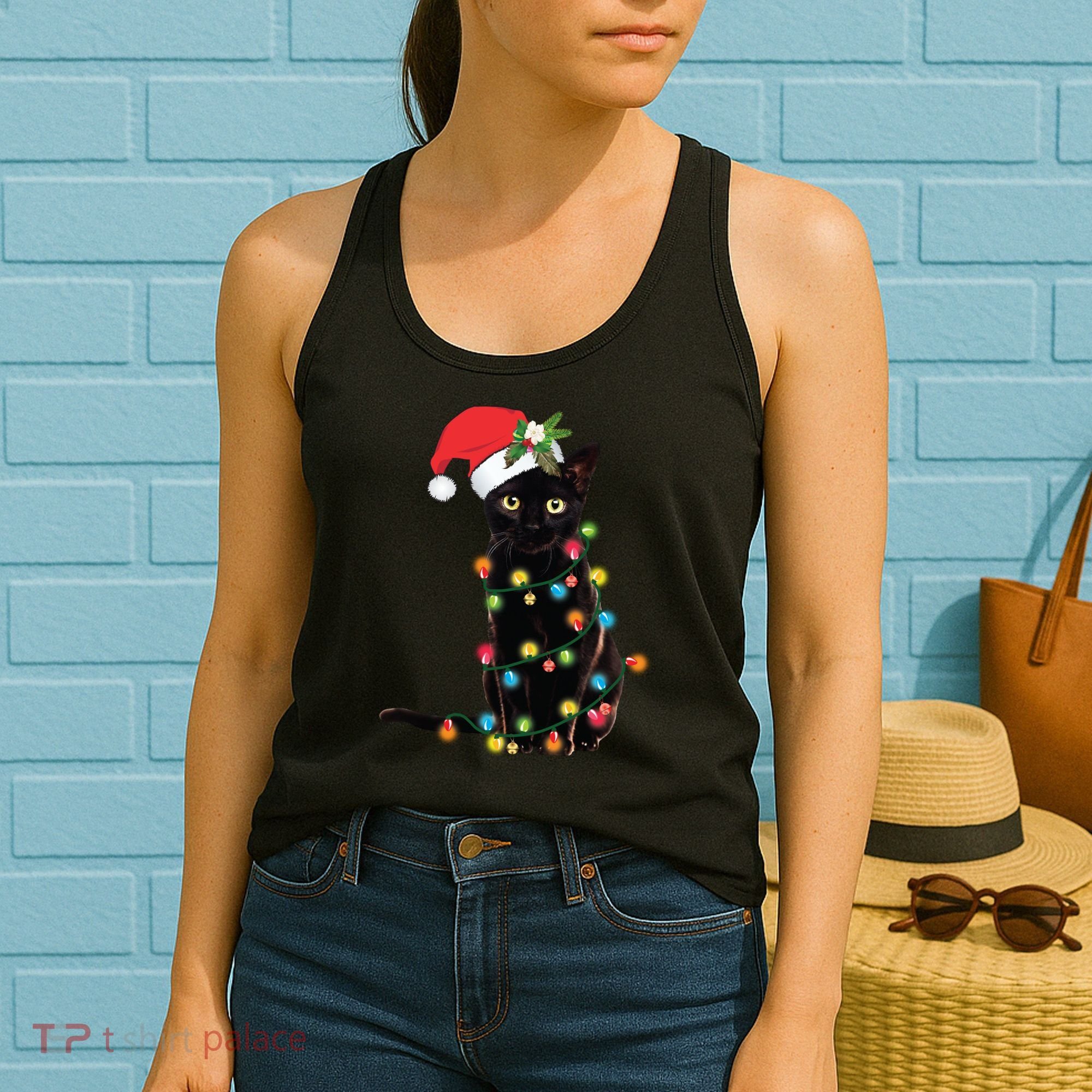 Santa Black Cat Tangled Up In Christmas Tree Lights Holiday Long Sleeve TShirt Women's Tank Top