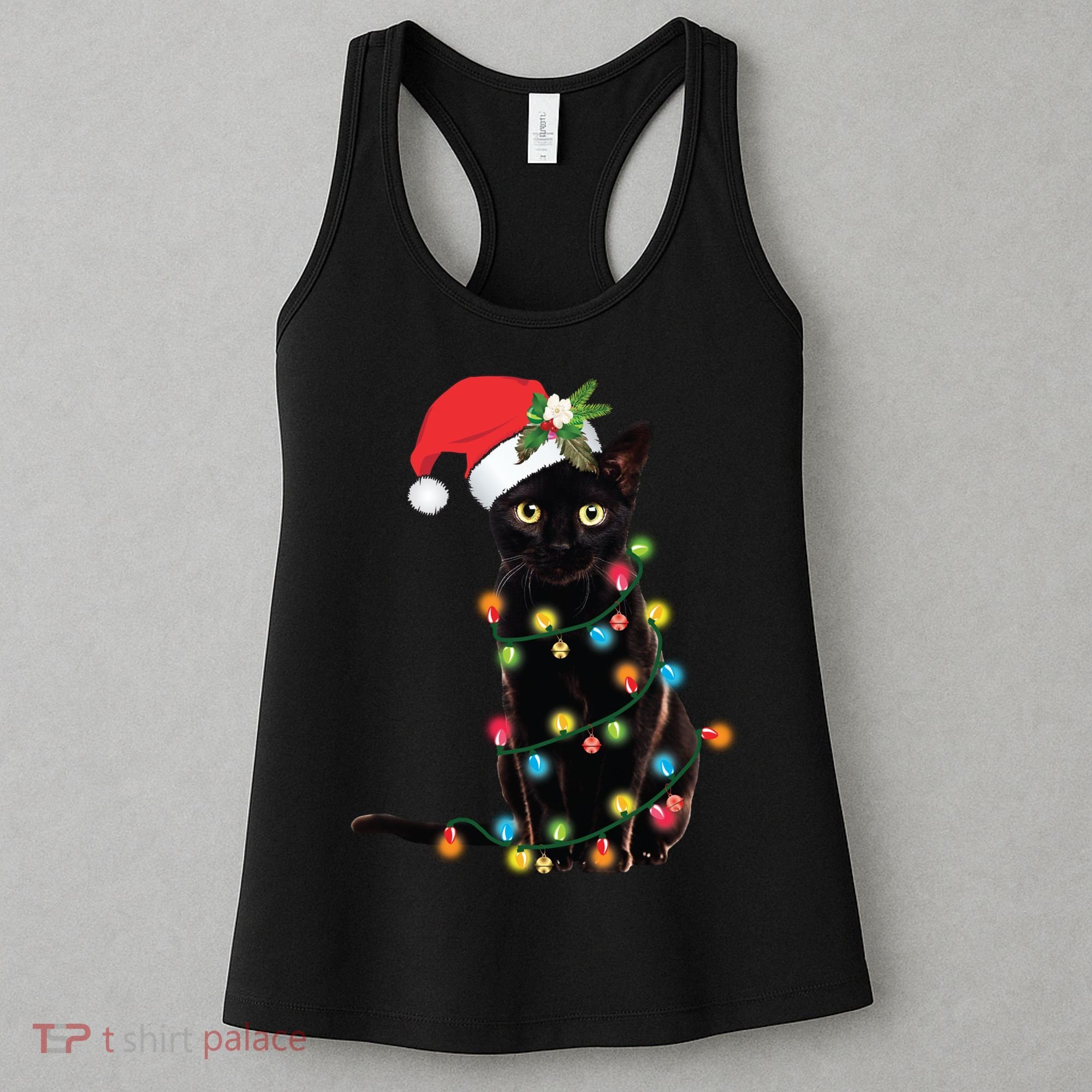 Santa Black Cat Tangled Up In Christmas Tree Lights Holiday Long Sleeve TShirt Women's Tank Top