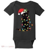 Santa Black Cat Tangled Up In Christmas Tree Lights Holiday Long Sleeve TShirt Baby Bodysuit thumb 0