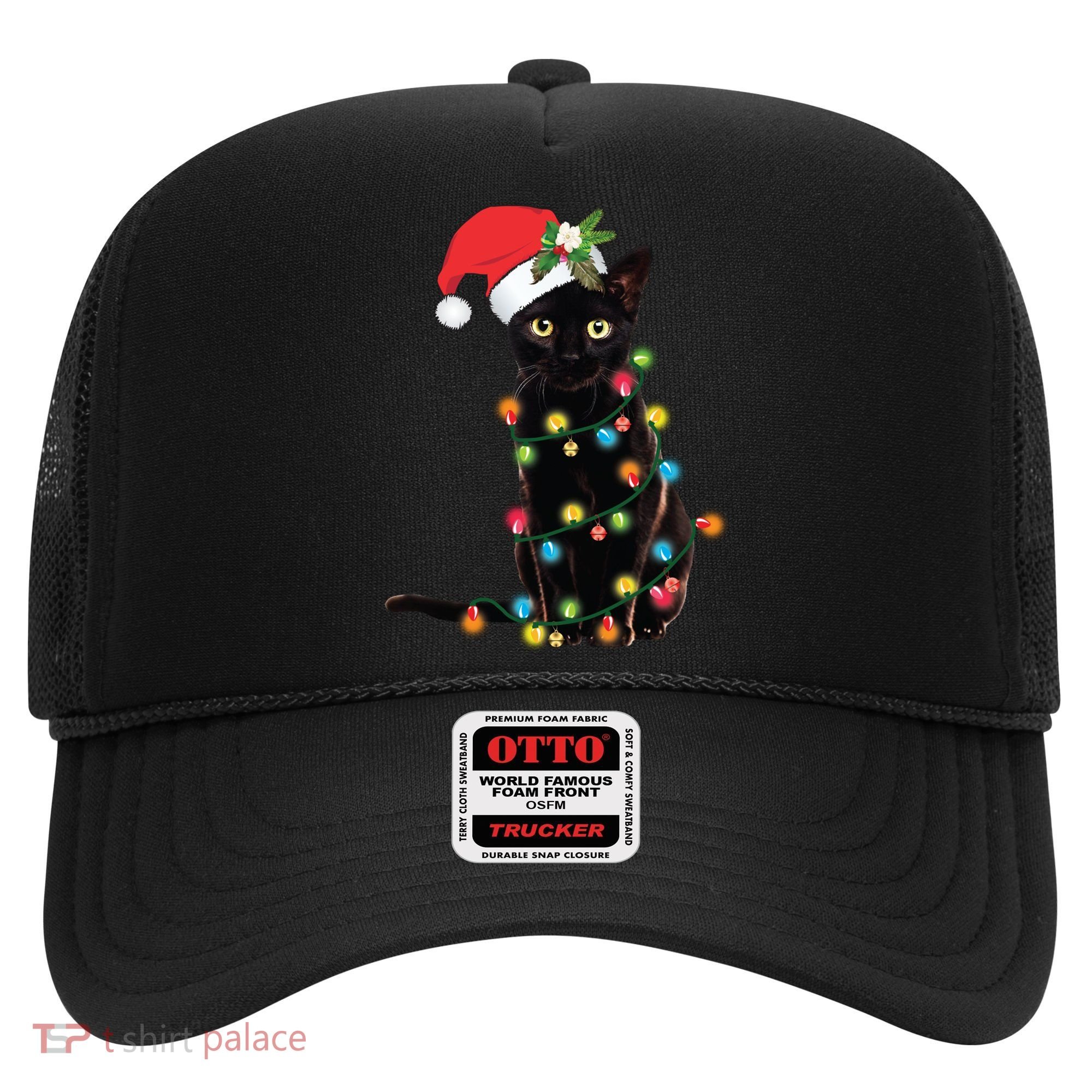 Santa Black Cat Tangled Up In Christmas Tree Lights Holiday Long Sleeve TShirt Hat