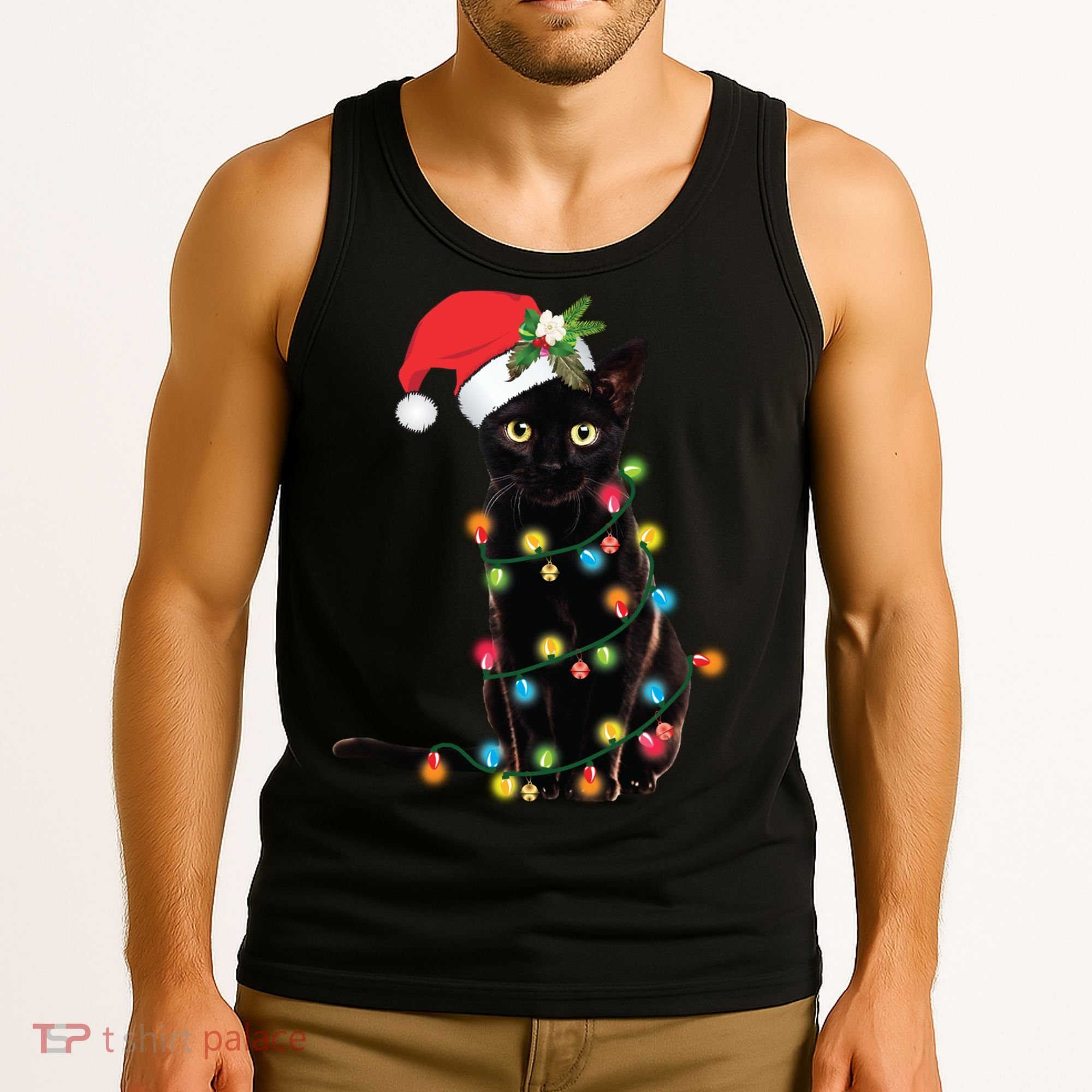 Santa Black Cat Tangled Up In Christmas Tree Lights Holiday Long Sleeve TShirt Tank Top