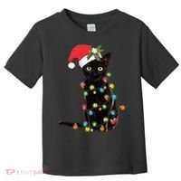 Santa Black Cat Tangled Up In Christmas Tree Lights Holiday Long Sleeve TShirt Toddler T-Shirt thumb 0