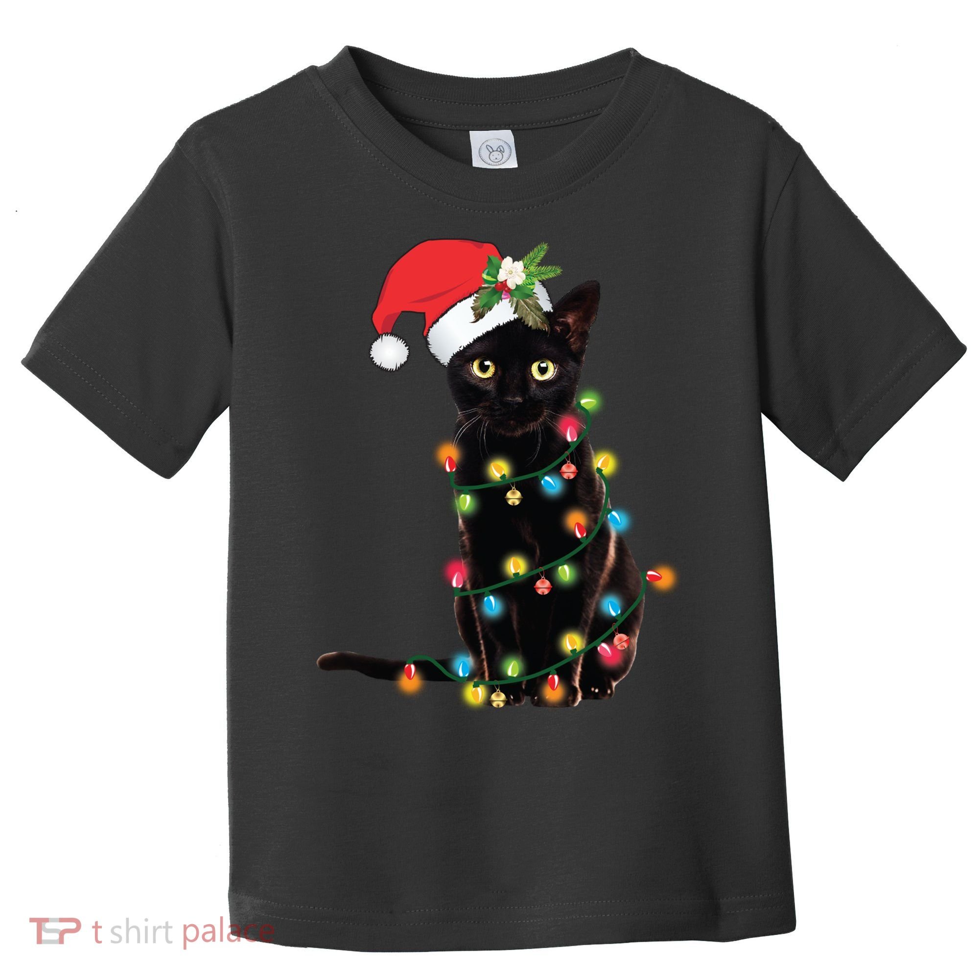 Santa Black Cat Tangled Up In Christmas Tree Lights Holiday Long Sleeve TShirt Toddler T-Shirt