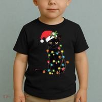 Santa Black Cat Tangled Up In Christmas Tree Lights Holiday Long Sleeve TShirt Toddler T-Shirt thumb 2