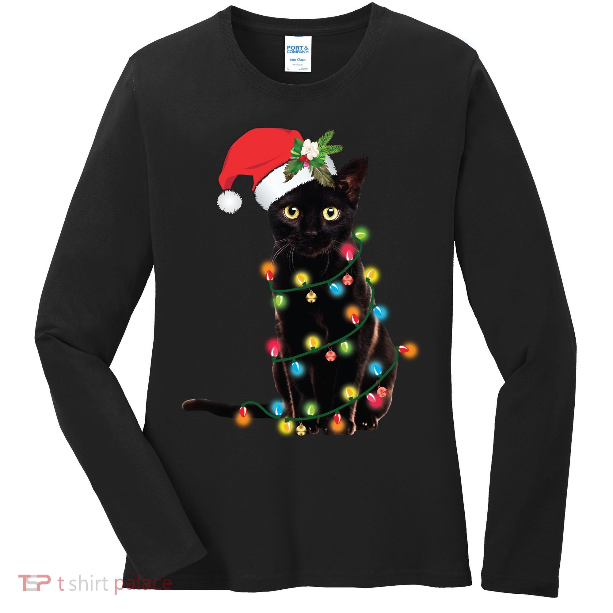 Santa Black Cat Tangled Up In Christmas Tree Lights Holiday Long Sleeve TShirt Women's Long Sleeve Shirt