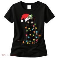Santa Black Cat Tangled Up In Christmas Tree Lights Holiday Long Sleeve TShirt Women's T-Shirt thumb 0