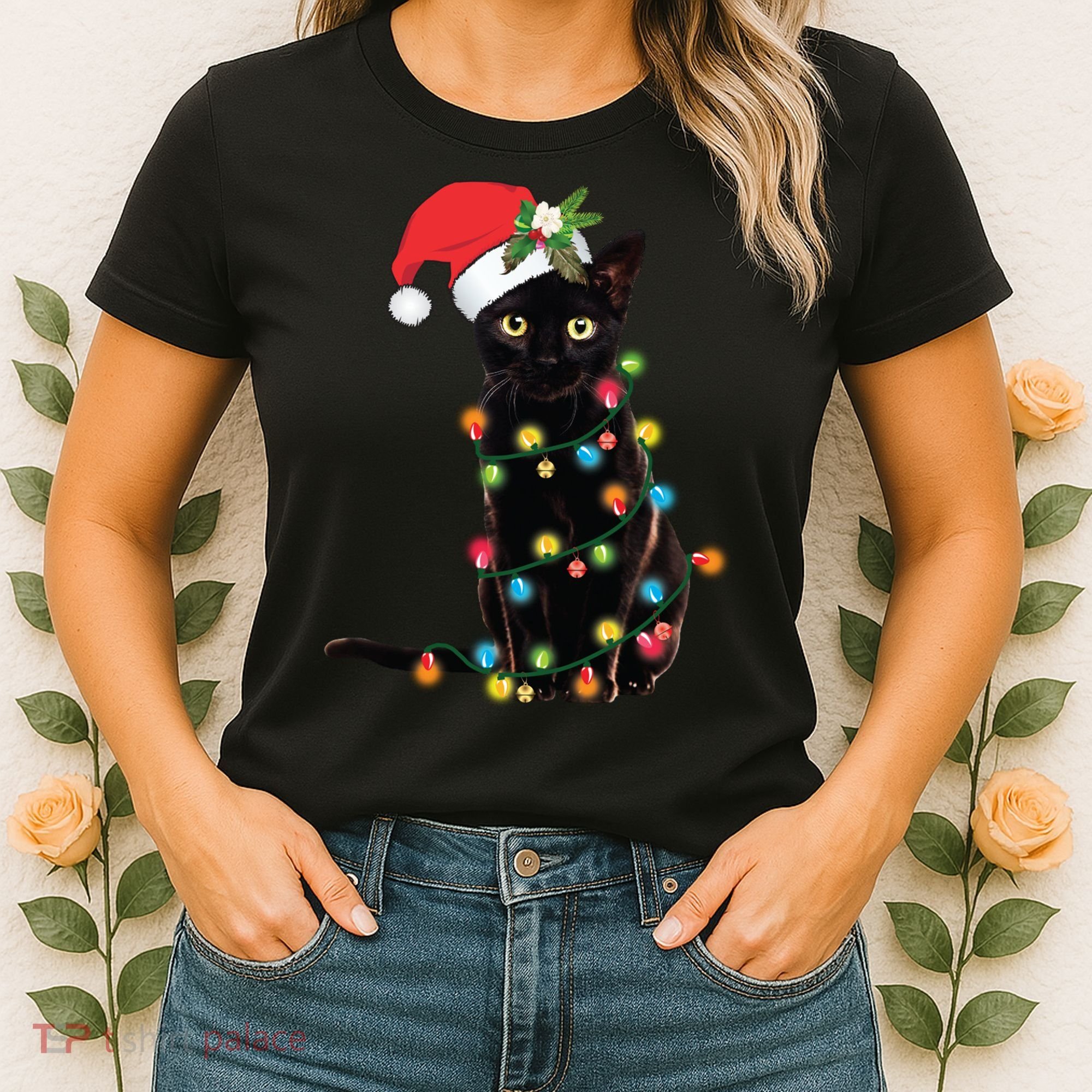 Santa Black Cat Tangled Up In Christmas Tree Lights Holiday Long Sleeve TShirt Women's T-Shirt