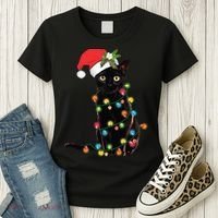 Santa Black Cat Tangled Up In Christmas Tree Lights Holiday Long Sleeve TShirt Women's T-Shirt thumb 3
