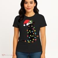 Santa Black Cat Tangled Up In Christmas Tree Lights Holiday Long Sleeve TShirt Women's T-Shirt thumb 4