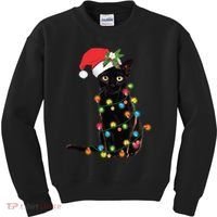 Santa Black Cat Tangled Up In Christmas Tree Lights Holiday Long Sleeve TShirt Kids Sweatshirt thumb 0