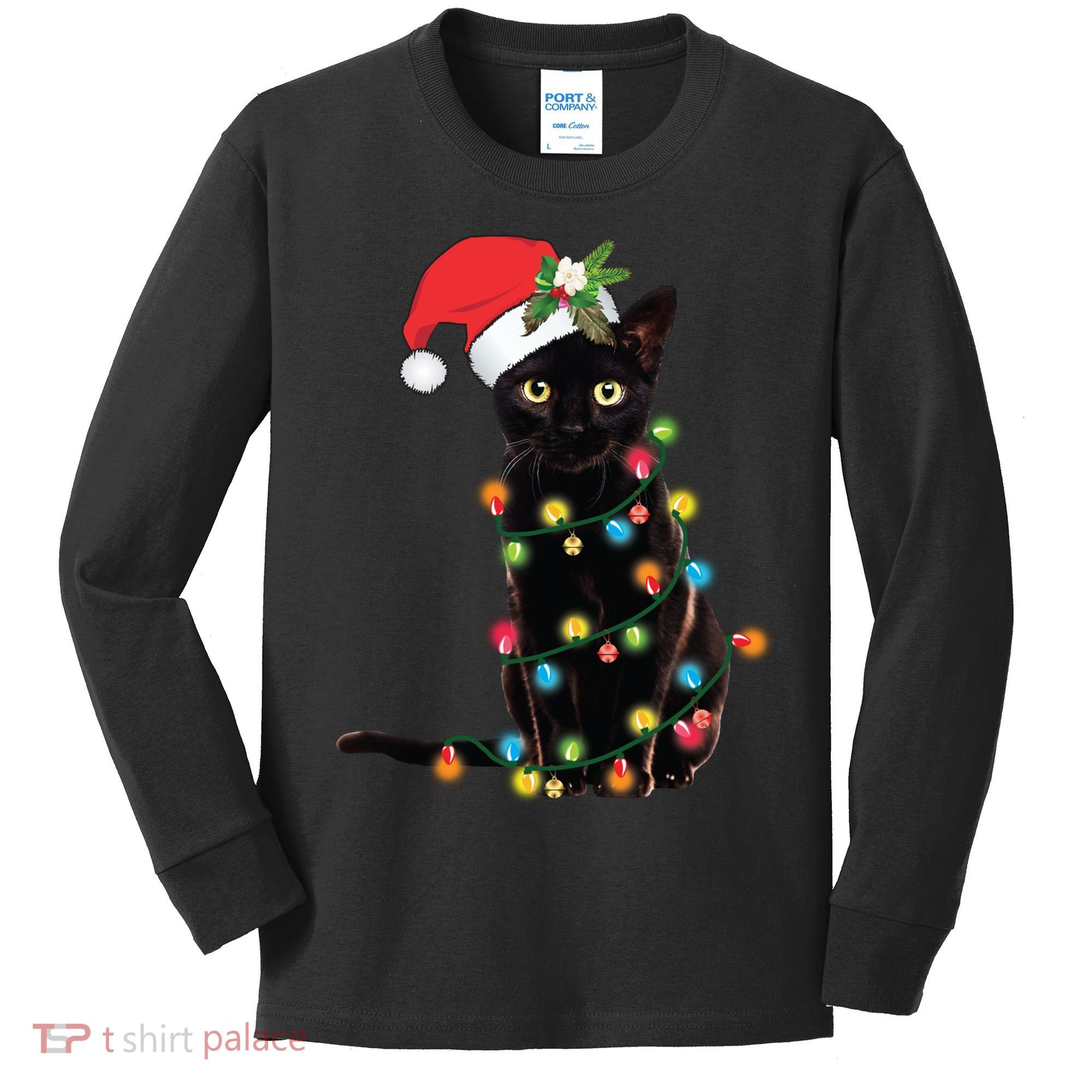 Santa Black Cat Tangled Up In Christmas Tree Lights Holiday Long Sleeve TShirt Kids Long Sleeve Shirt