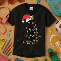 Santa Black Cat Tangled Up In Christmas Tree Lights Holiday Long Sleeve TShirt Kids T-Shirt thumb 3