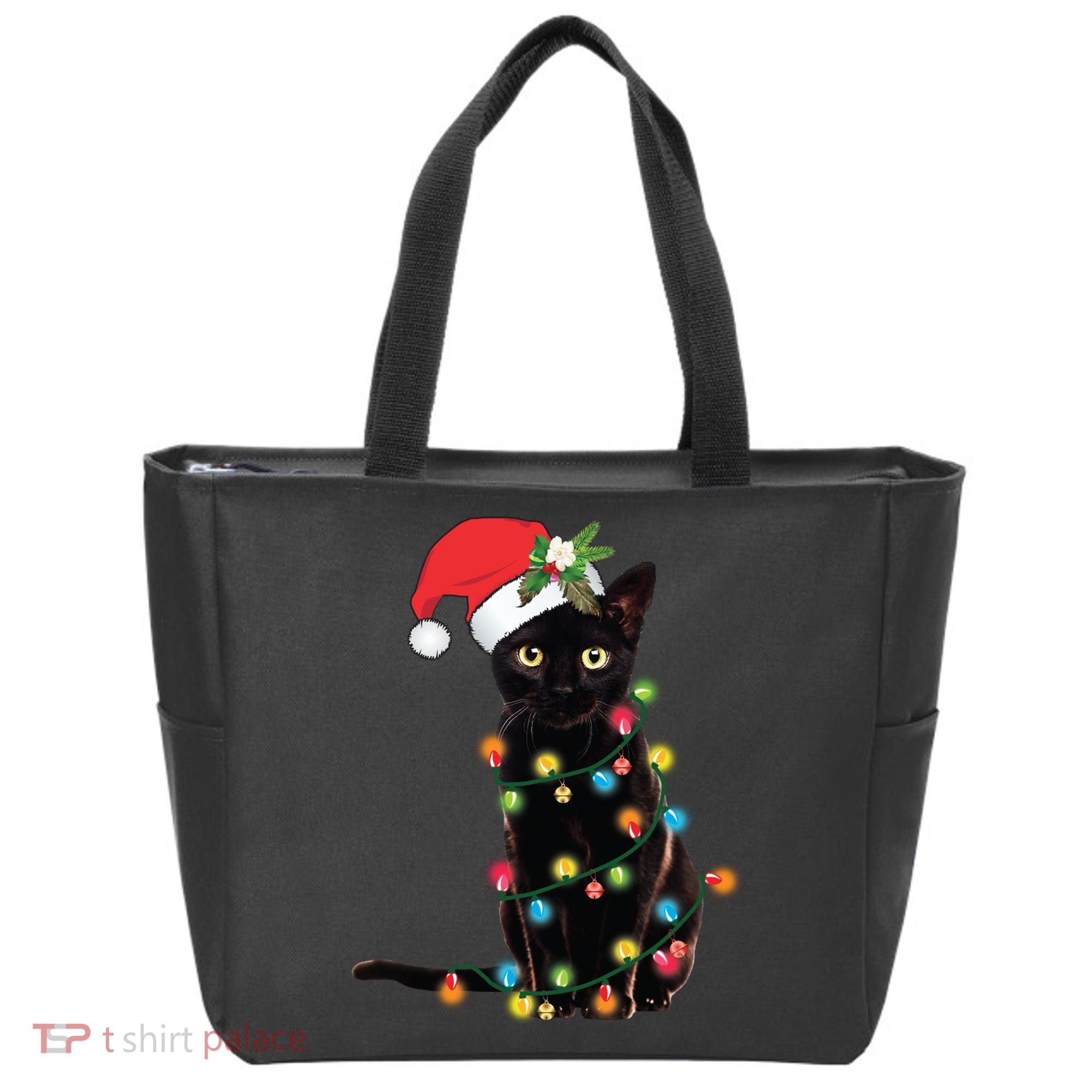 Santa Black Cat Tangled Up In Christmas Tree Lights Holiday Long Sleeve TShirt Tote Bag