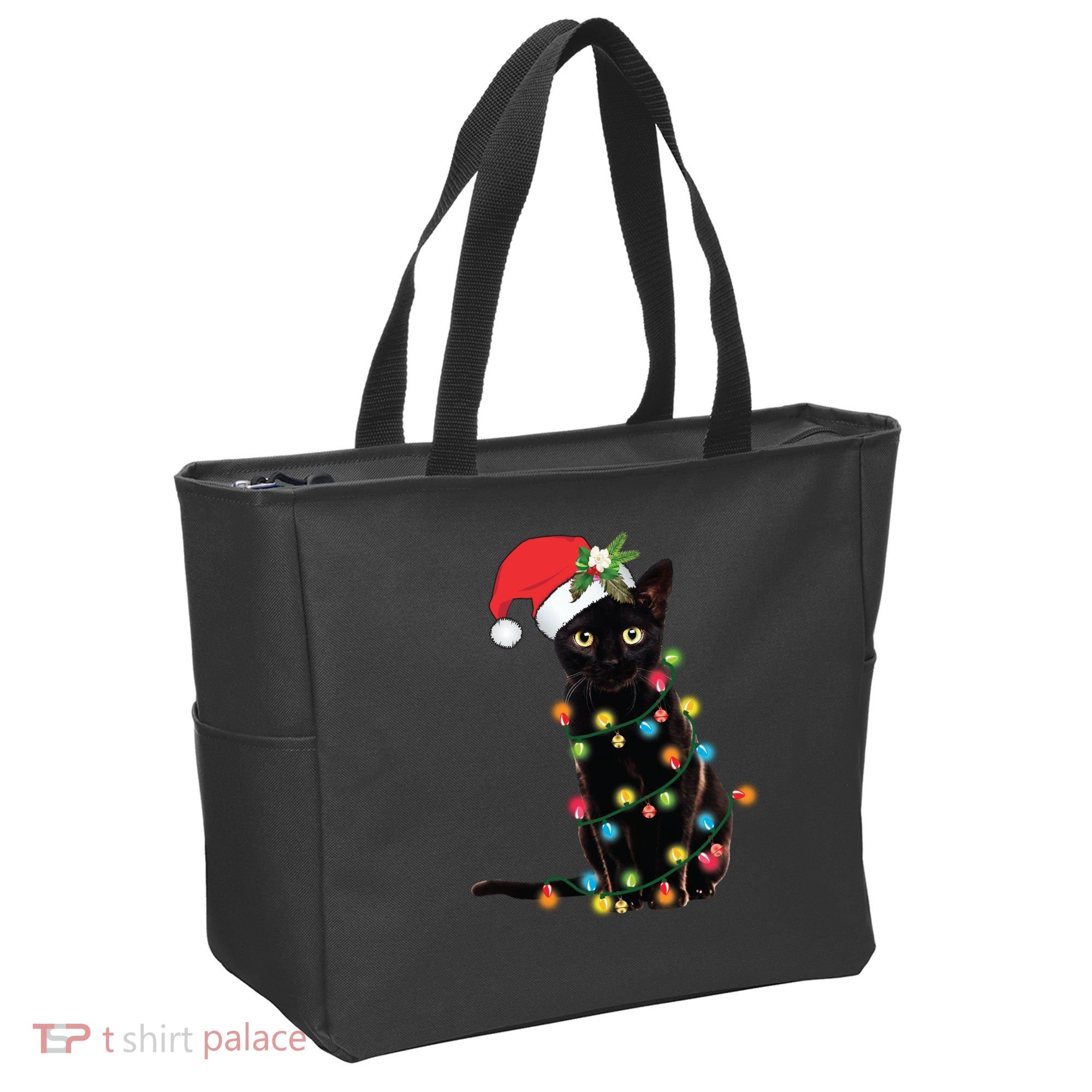 Santa Black Cat Tangled Up In Christmas Tree Lights Holiday Long Sleeve TShirt Tote Bag