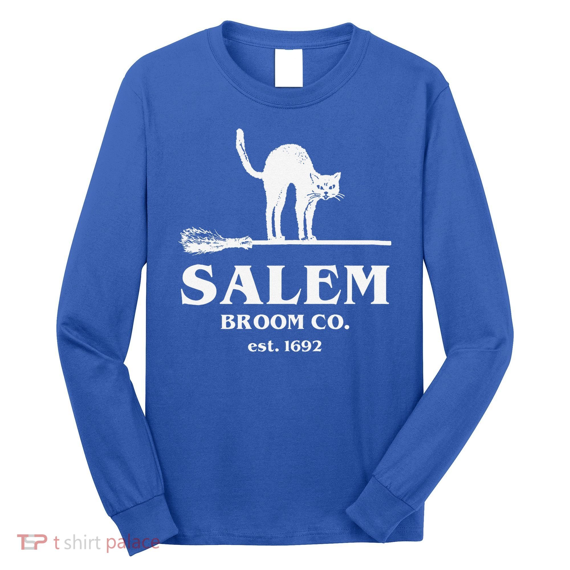 Salem Broom Co Company Halloween Black Cat Witch And Broom Long Sleeve Shirt
