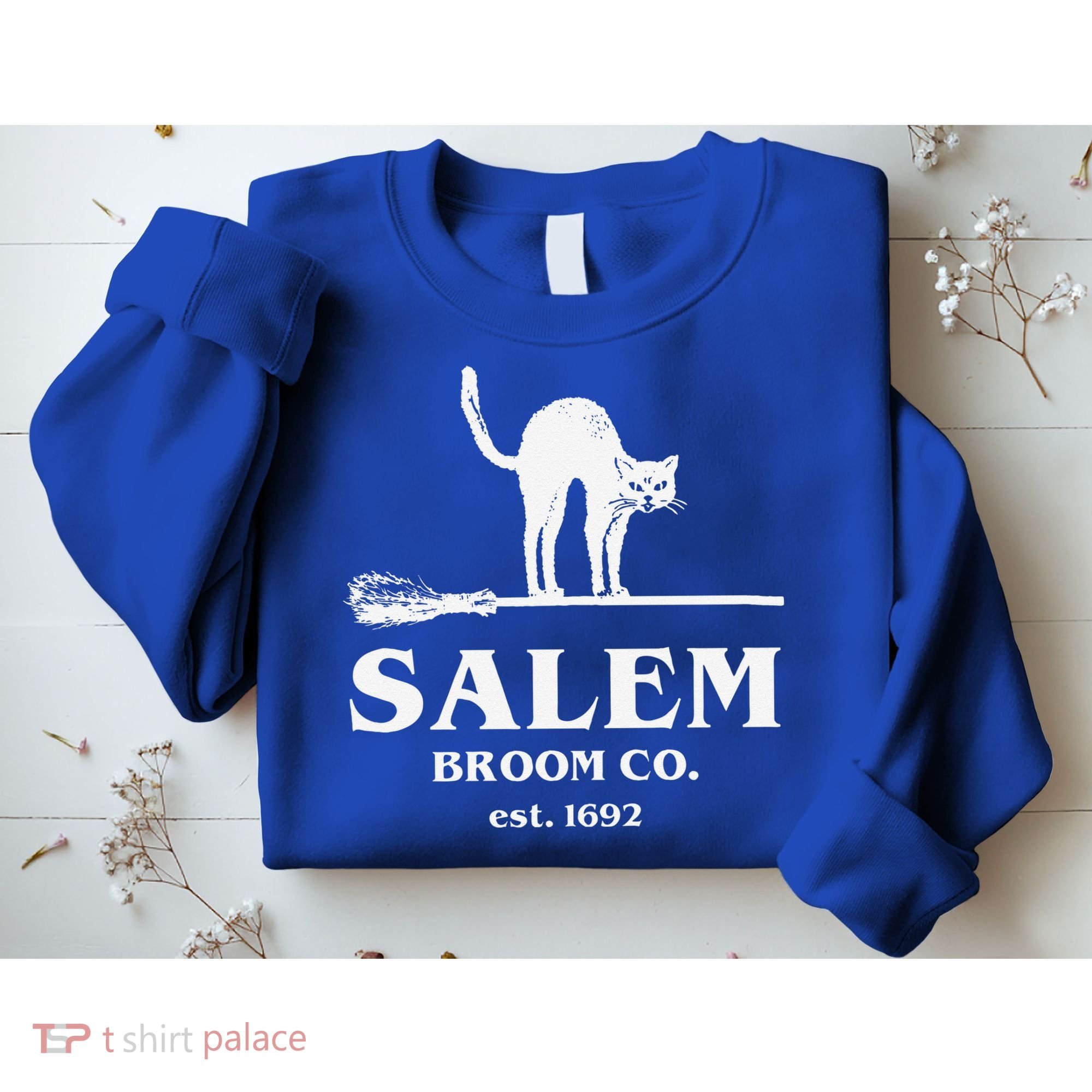 Salem Broom Co Company Halloween Black Cat Witch And Broom Sweatshirt