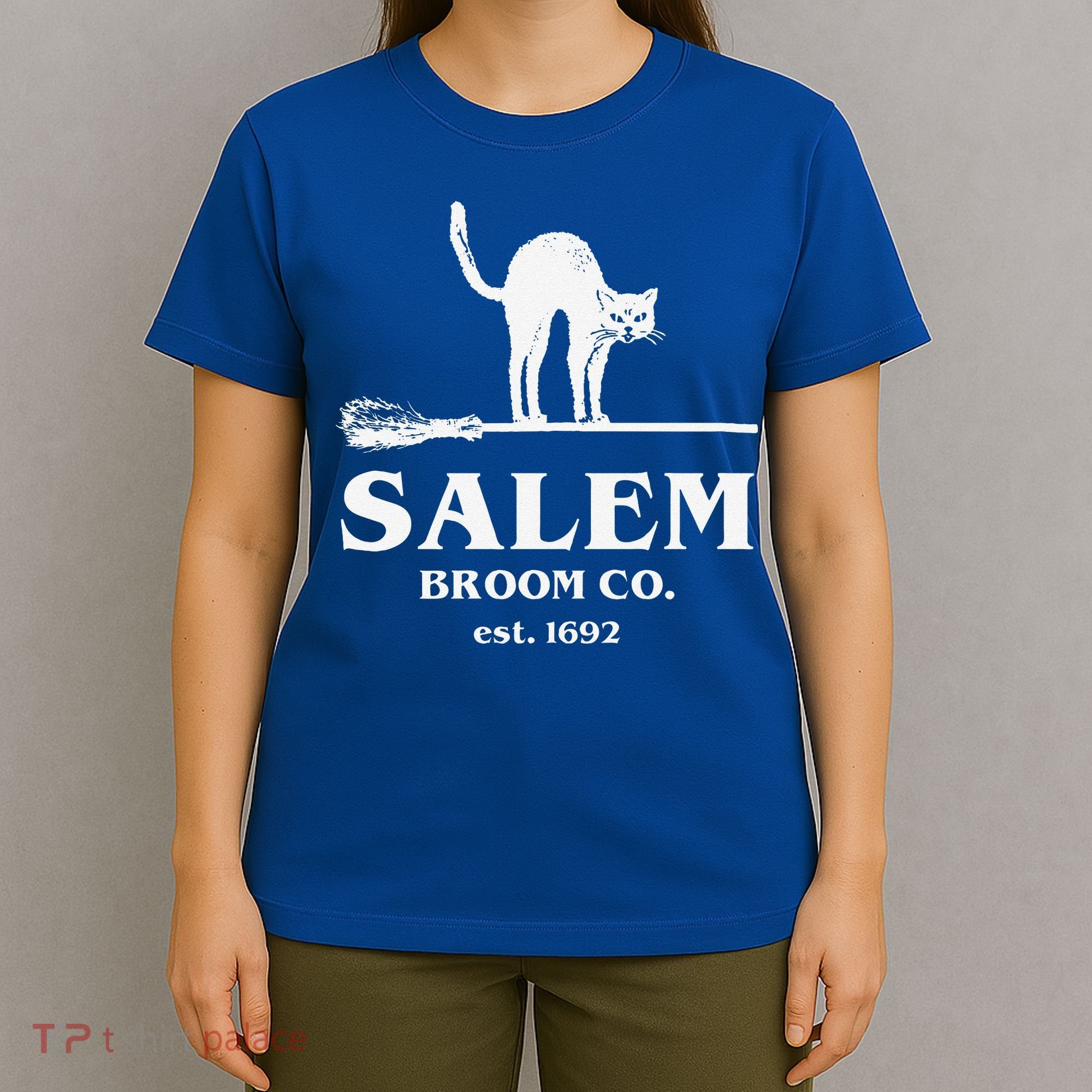 Salem Broom Co Company Halloween Black Cat Witch And Broom T-Shirt