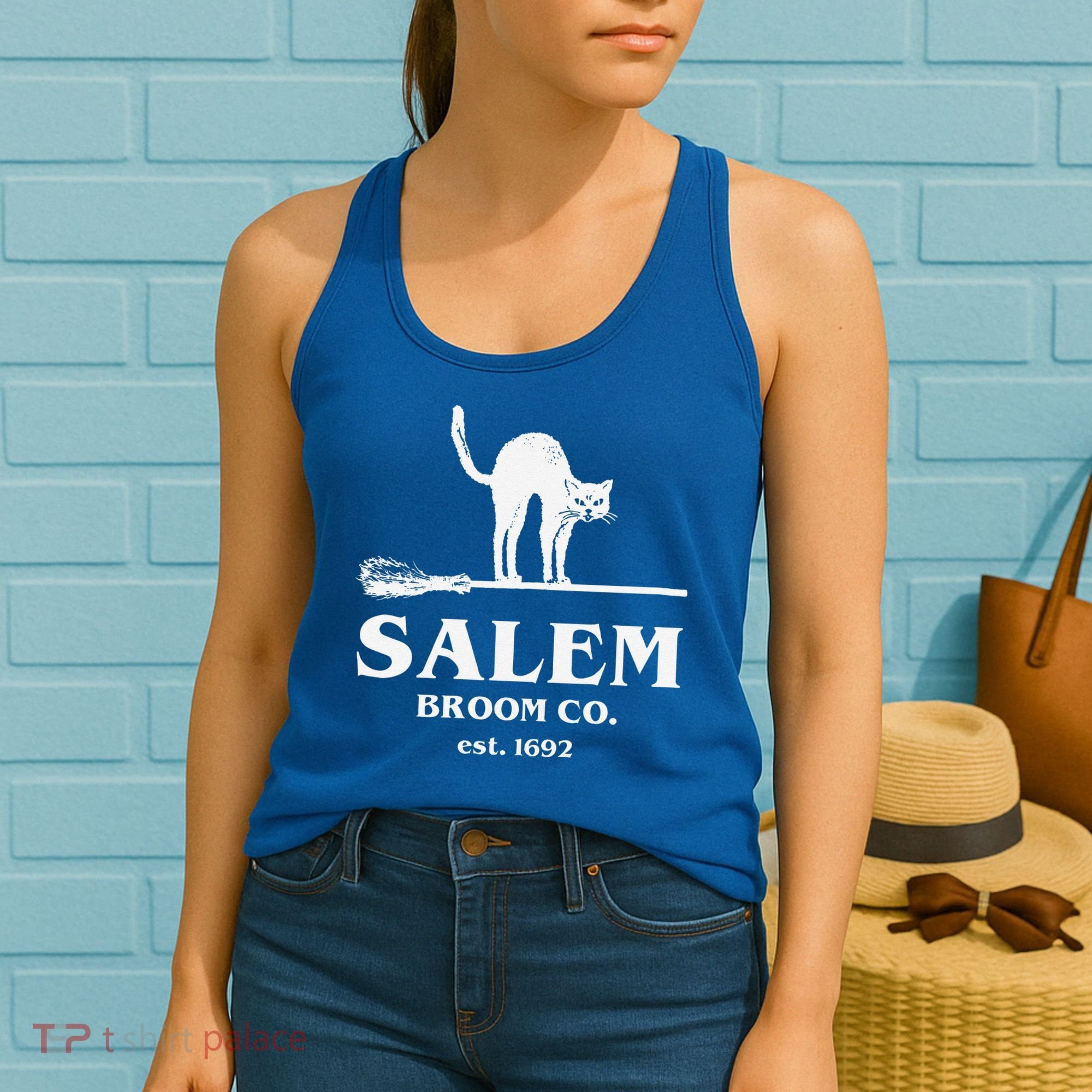 Salem Broom Co Company Halloween Black Cat Witch And Broom Women's Tank Top