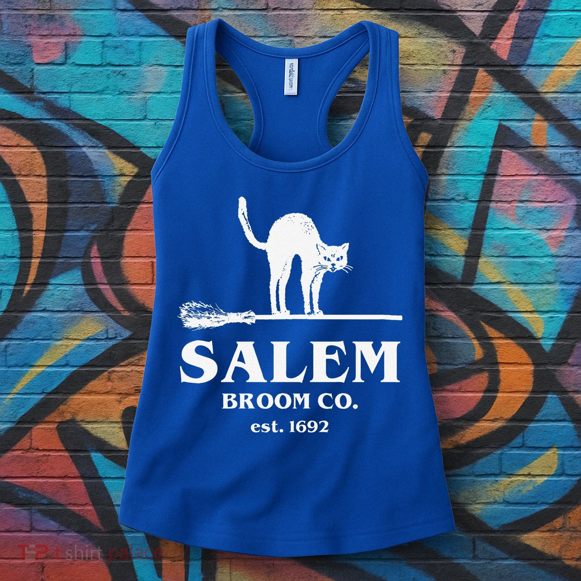 Salem Broom Co Company Halloween Black Cat Witch And Broom Women's Tank Top
