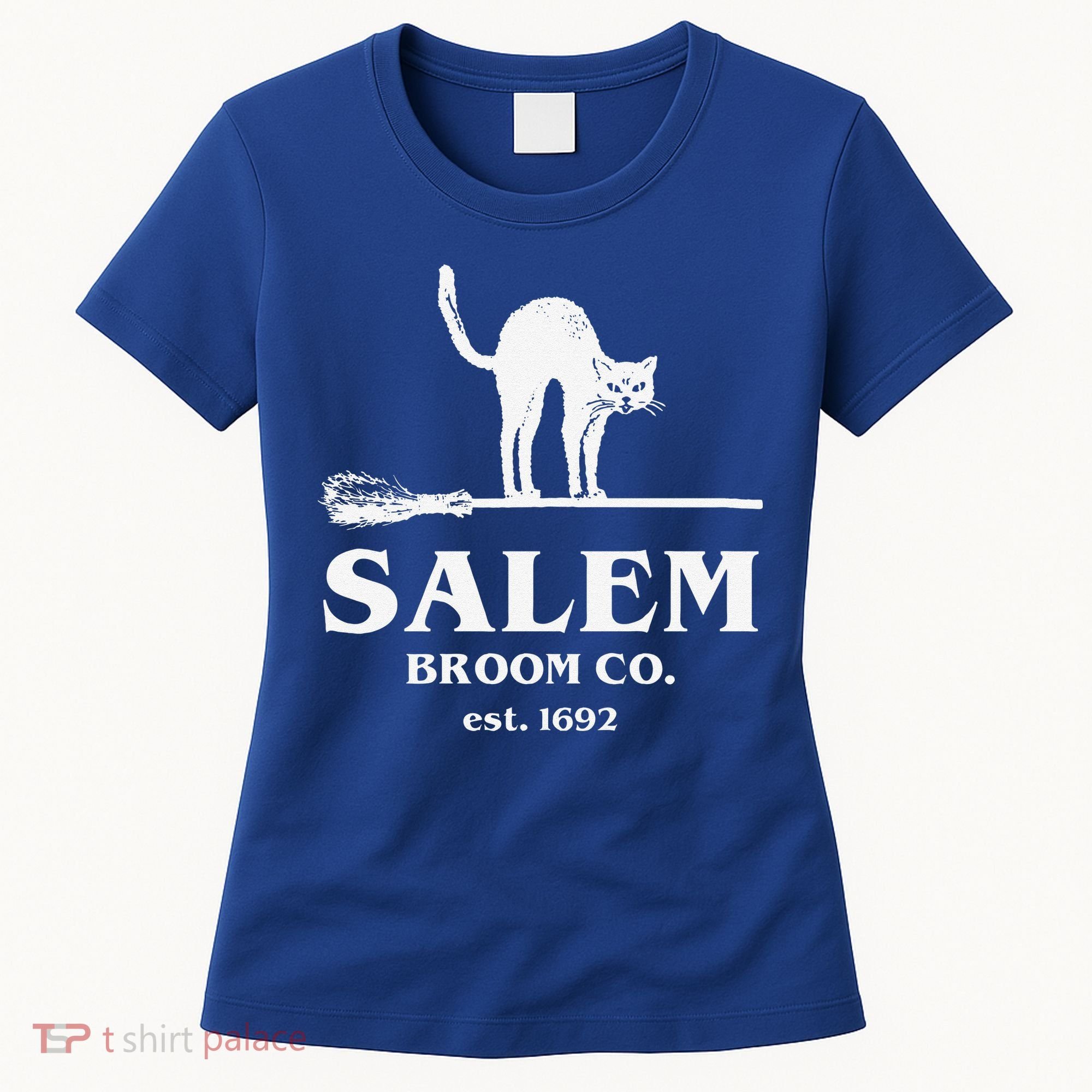 Salem Broom Co Company Halloween Black Cat Witch And Broom Women's T-Shirt