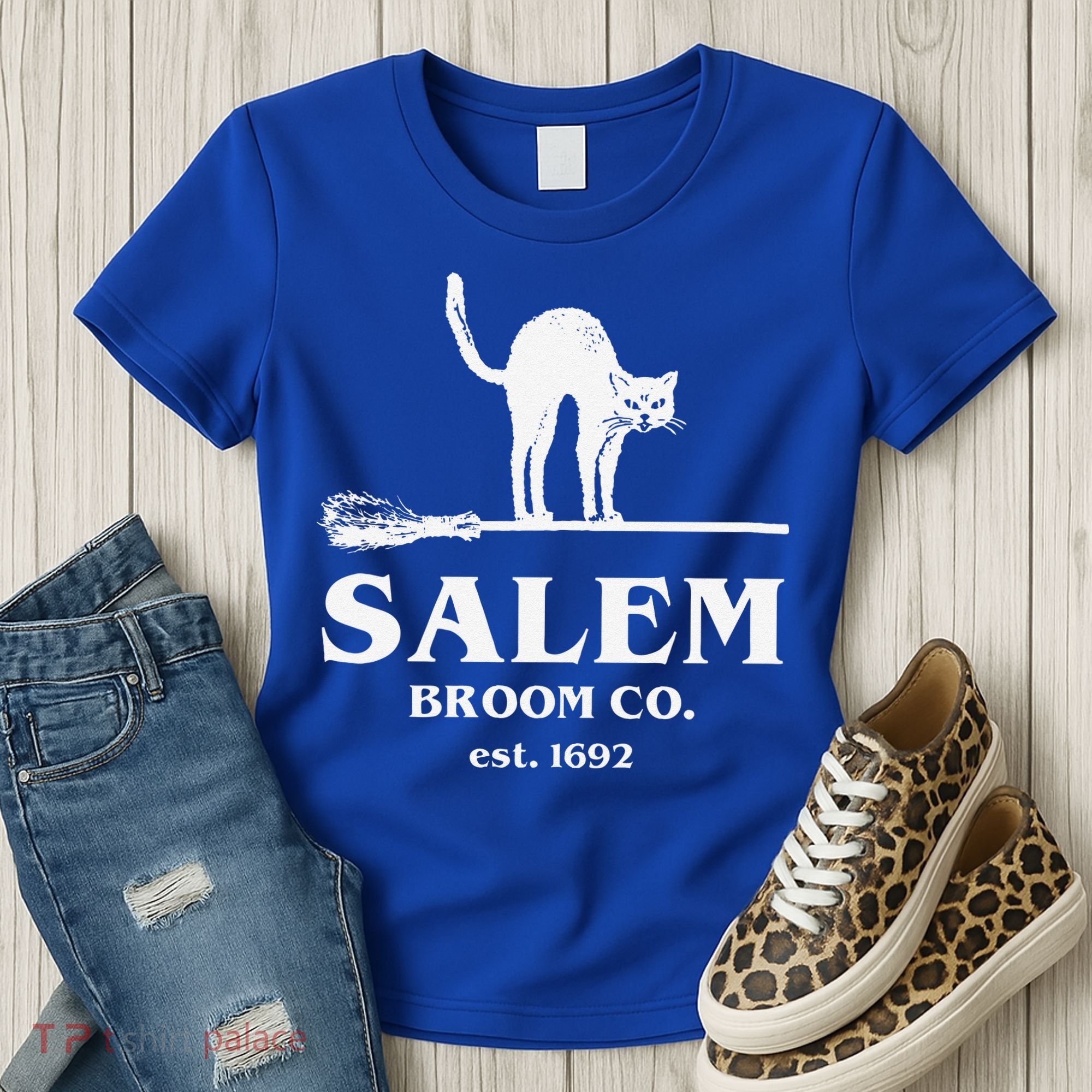 Salem Broom Co Company Halloween Black Cat Witch And Broom Women's T-Shirt