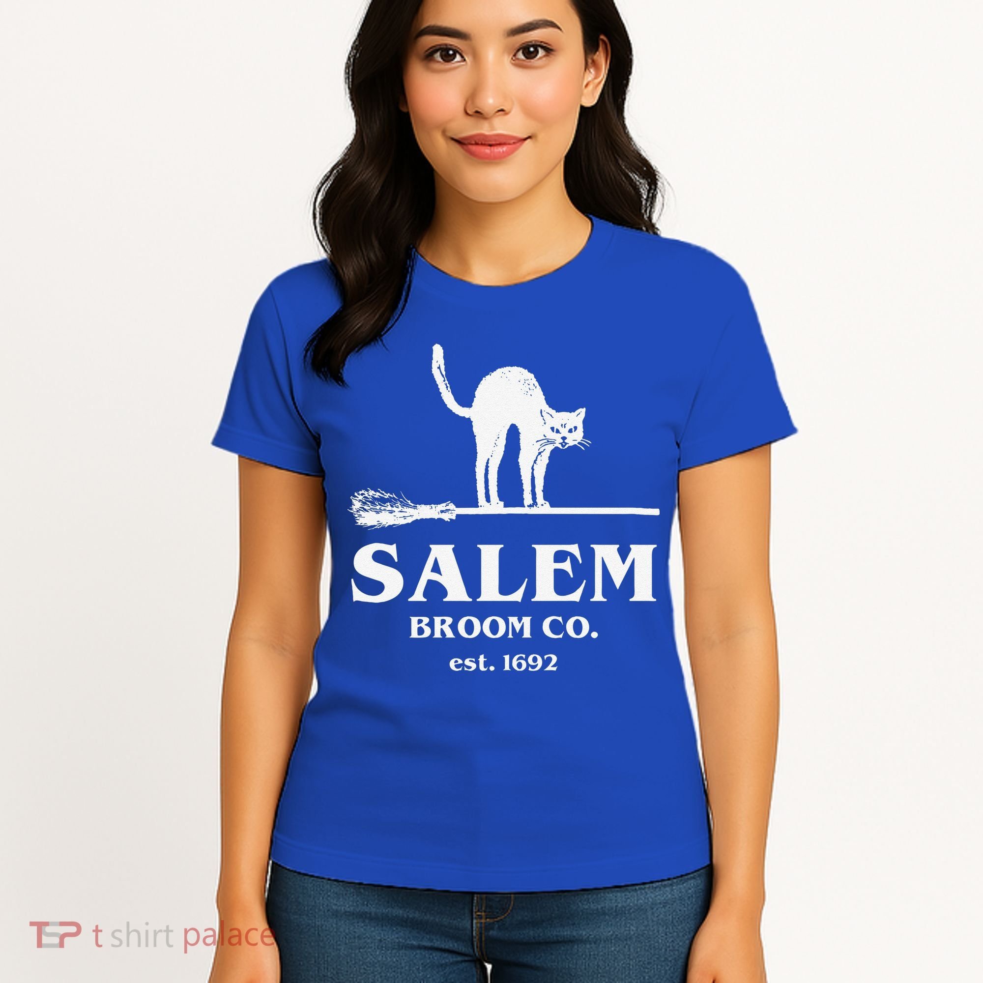Salem Broom Co Company Halloween Black Cat Witch And Broom Women's T-Shirt