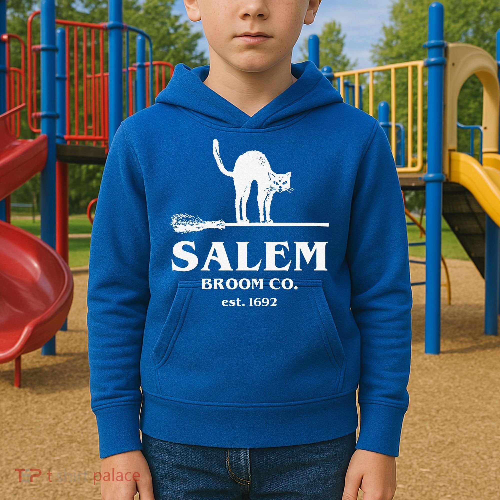 Salem Broom Co Company Halloween Black Cat Witch And Broom Kids Hoodie