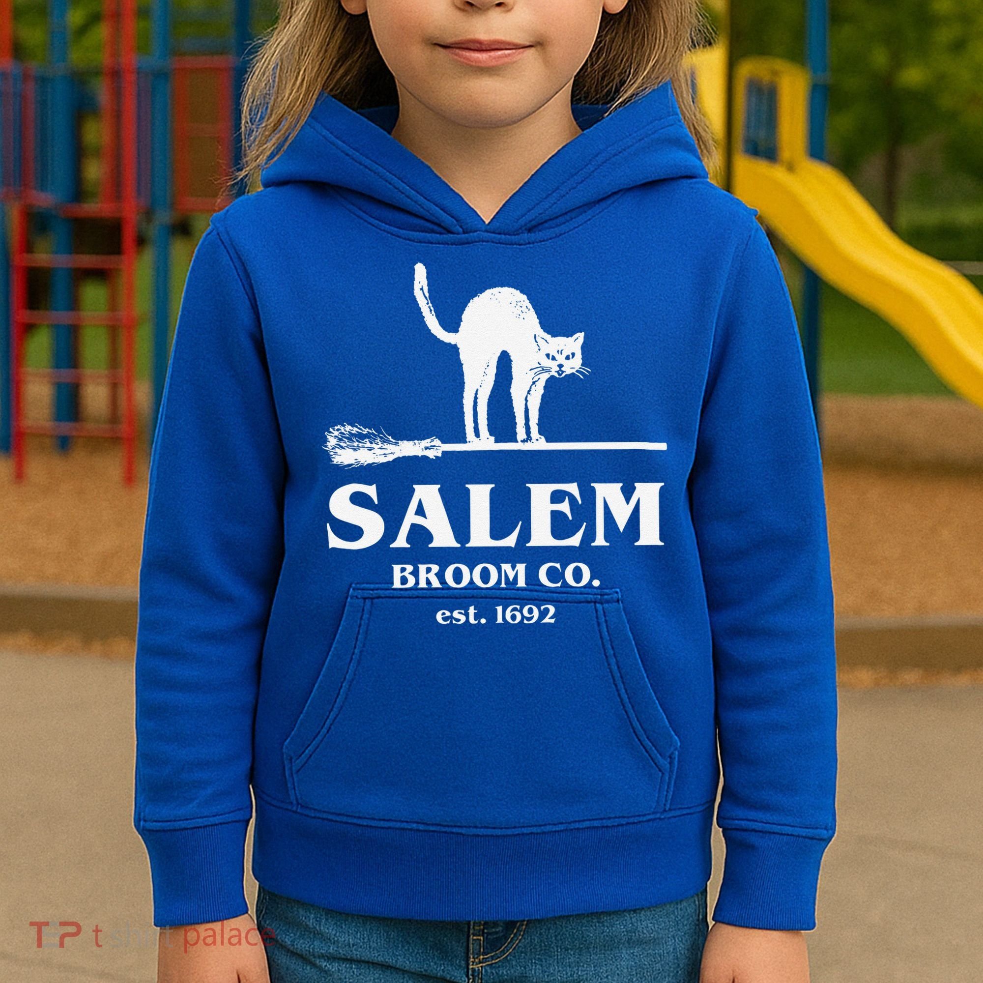 Salem Broom Co Company Halloween Black Cat Witch And Broom Kids Hoodie