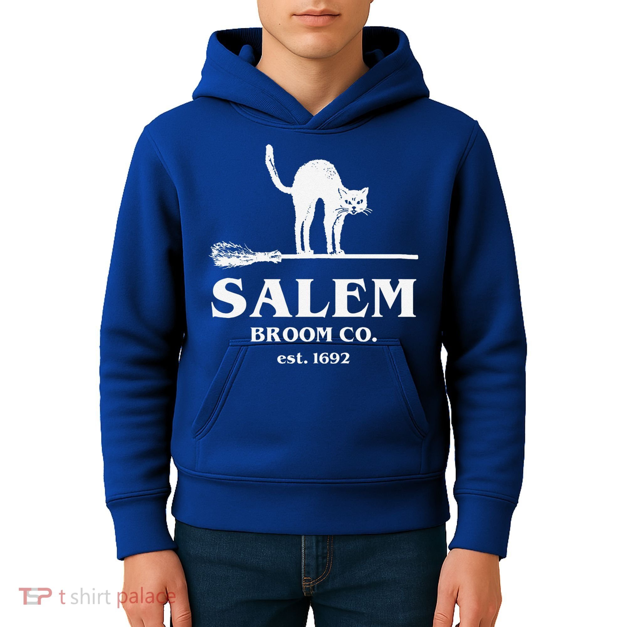 Salem Broom Co Company Halloween Black Cat Witch And Broom Kids Hoodie