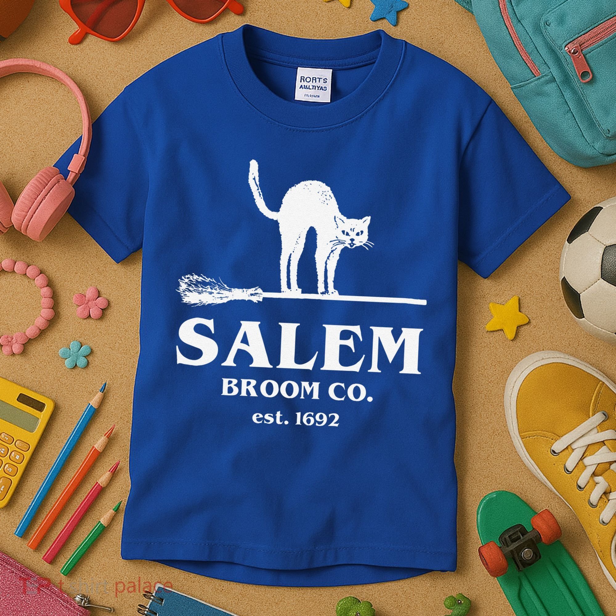 Salem Broom Co Company Halloween Black Cat Witch And Broom Kids T-Shirt