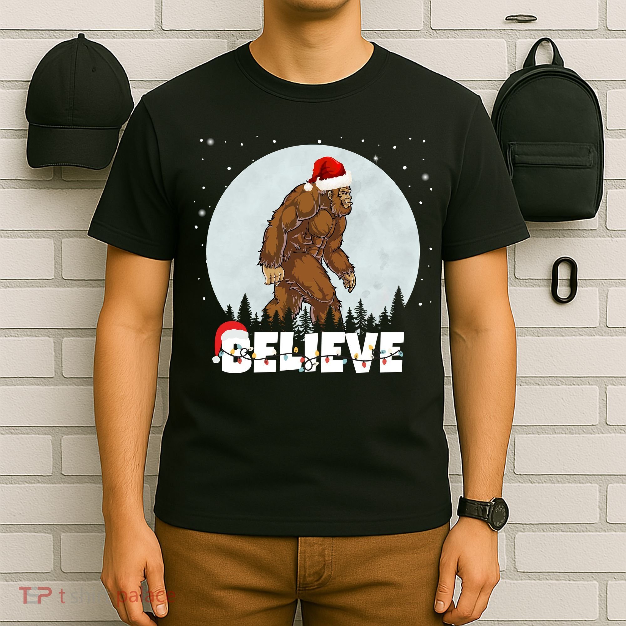Santa Bigfoot Christmas Rock Funny Sasquatch Believe T-Shirt