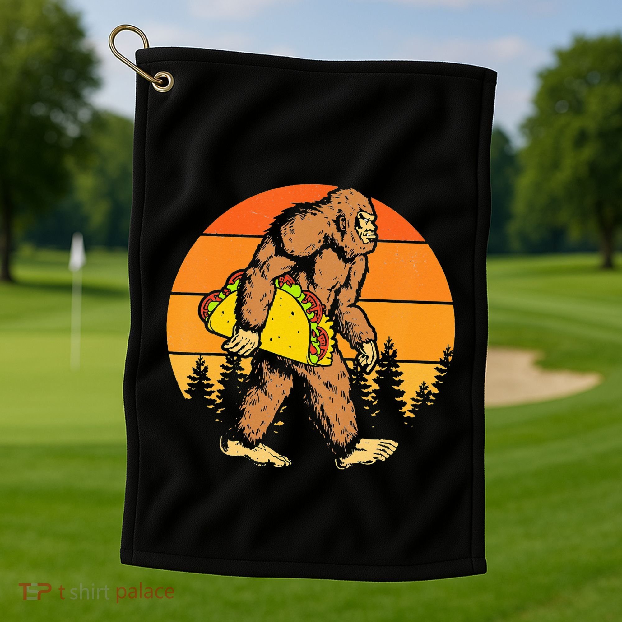 Sasquatch Bigfoot Carrying Taco Funny Cinco De Mayo Golf Towel