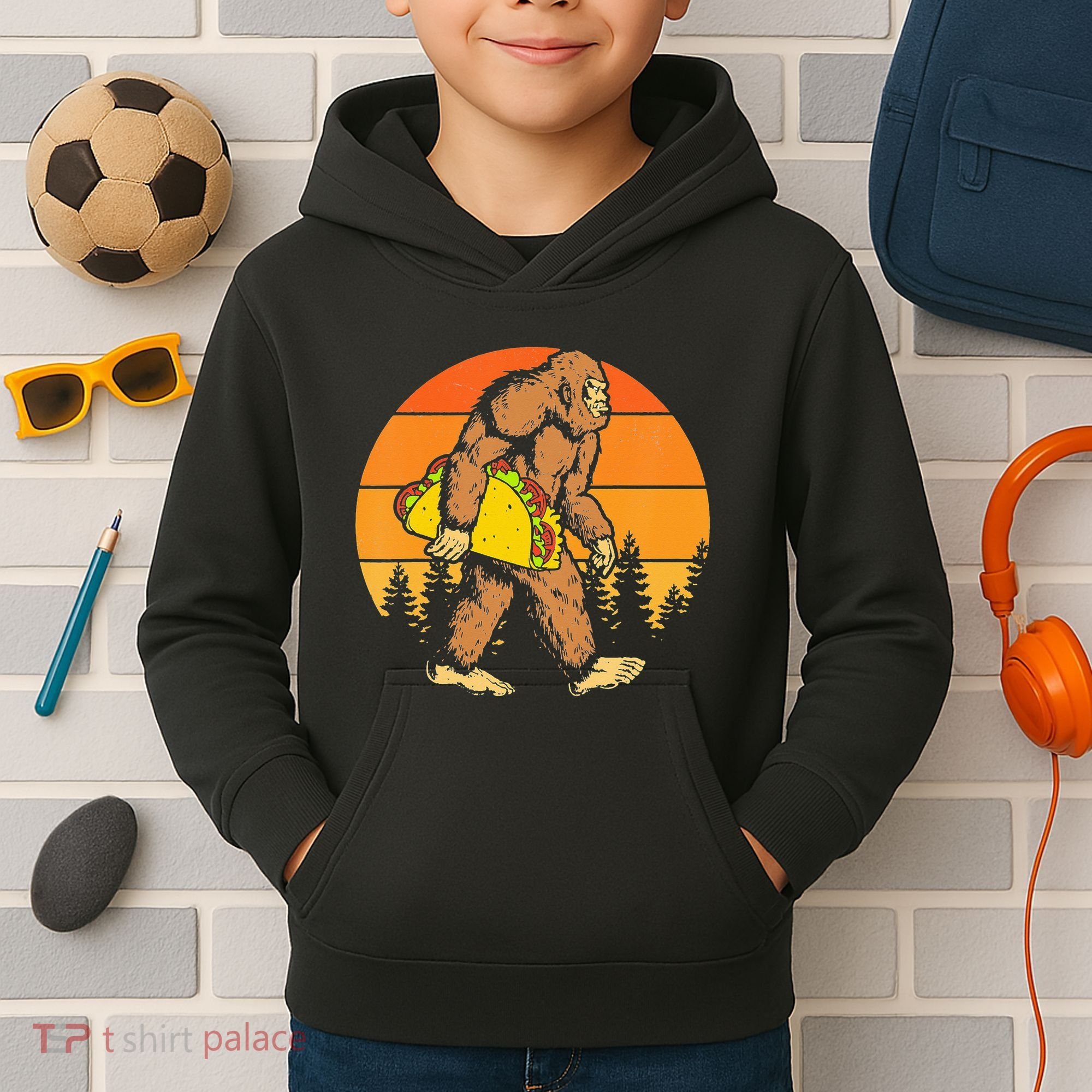 Sasquatch Bigfoot Carrying Taco Funny Cinco De Mayo Kids Hoodie
