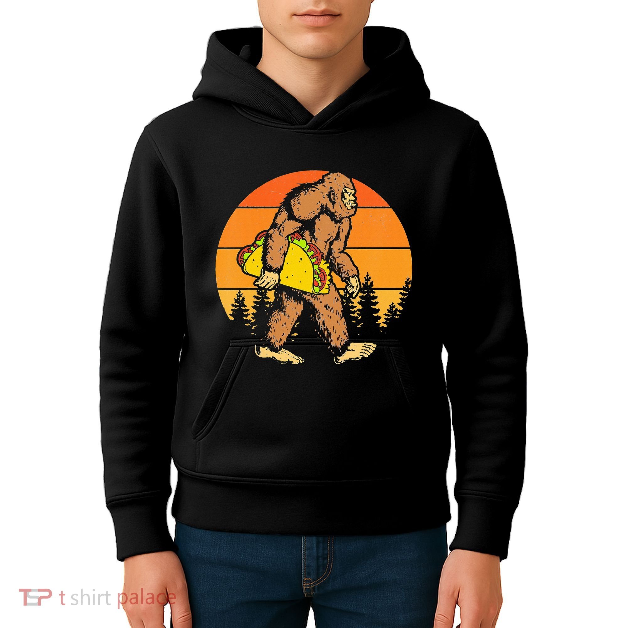 Sasquatch Bigfoot Carrying Taco Funny Cinco De Mayo Kids Hoodie