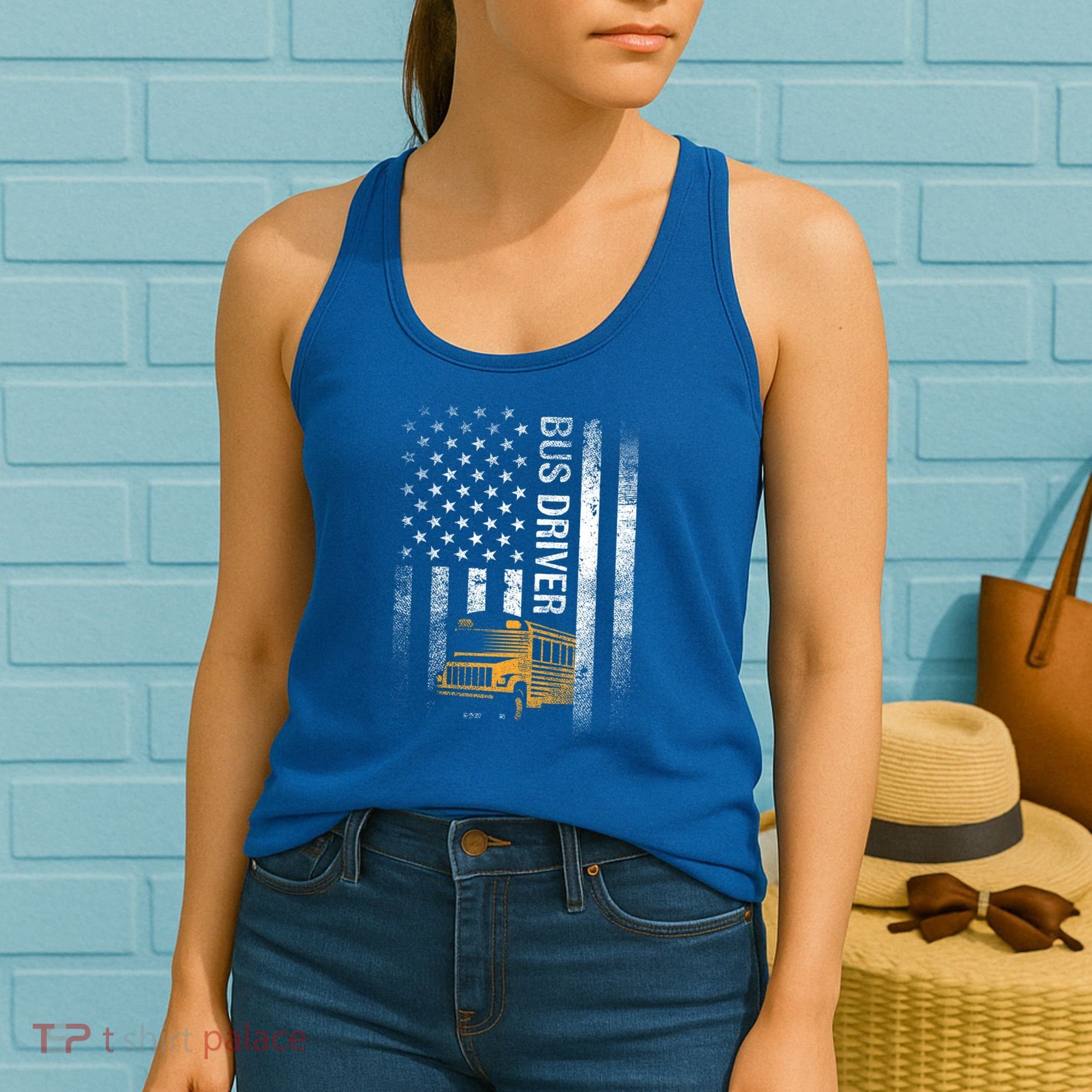 School Bus Driver Usa American Flag Funny Bus Driver Gift Women's Tank Top