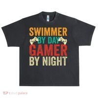 Swimmer By Day Gamer By Night Swimming Funny Urban Oversized Heavyweight T-Shirt thumb 0