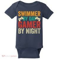 Swimmer By Day Gamer By Night Swimming Funny Baby Bodysuit thumb 0