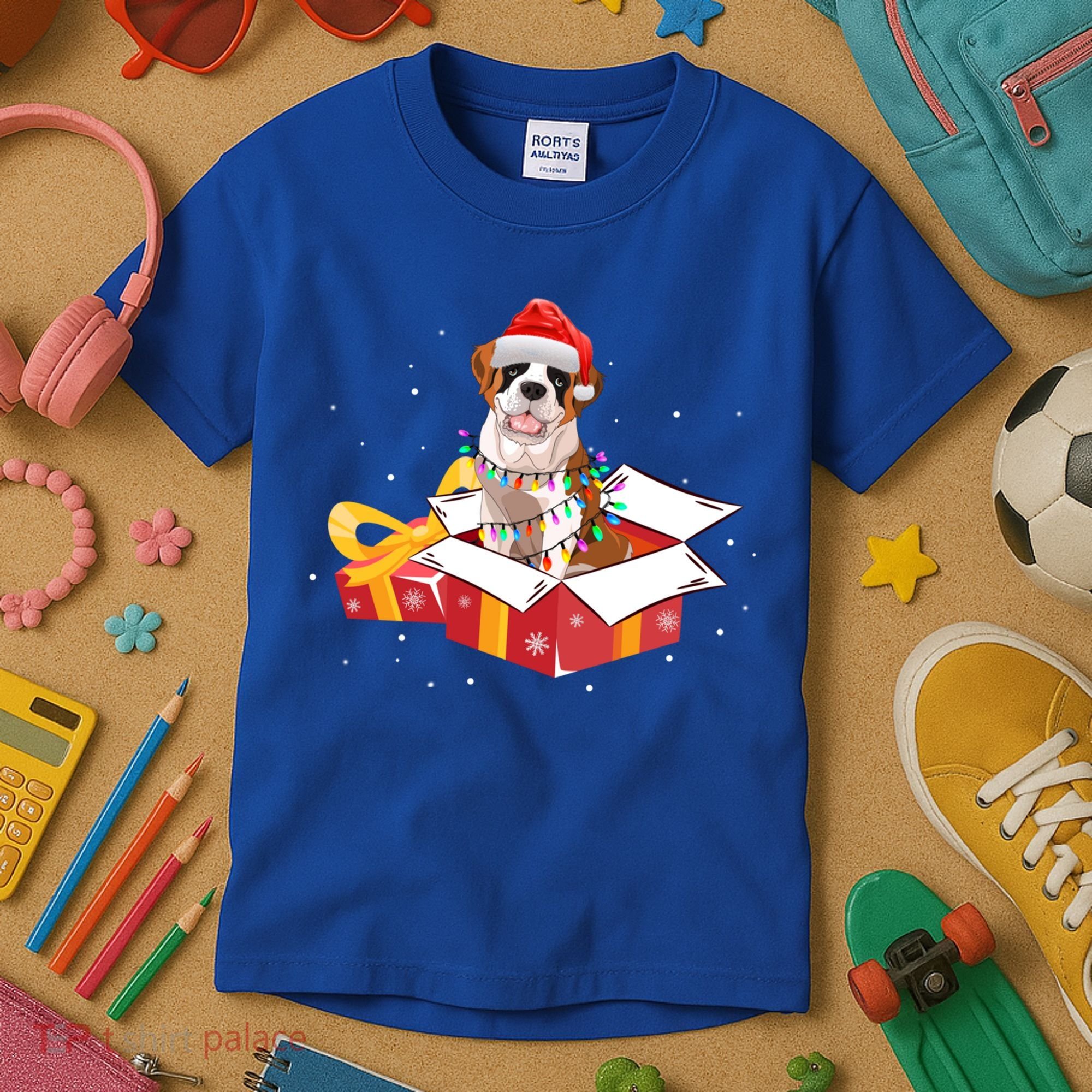 Saint Bernard Dog Christmas Is Box Gift Dog Light Tree Xmas Gift Kids T-Shirt