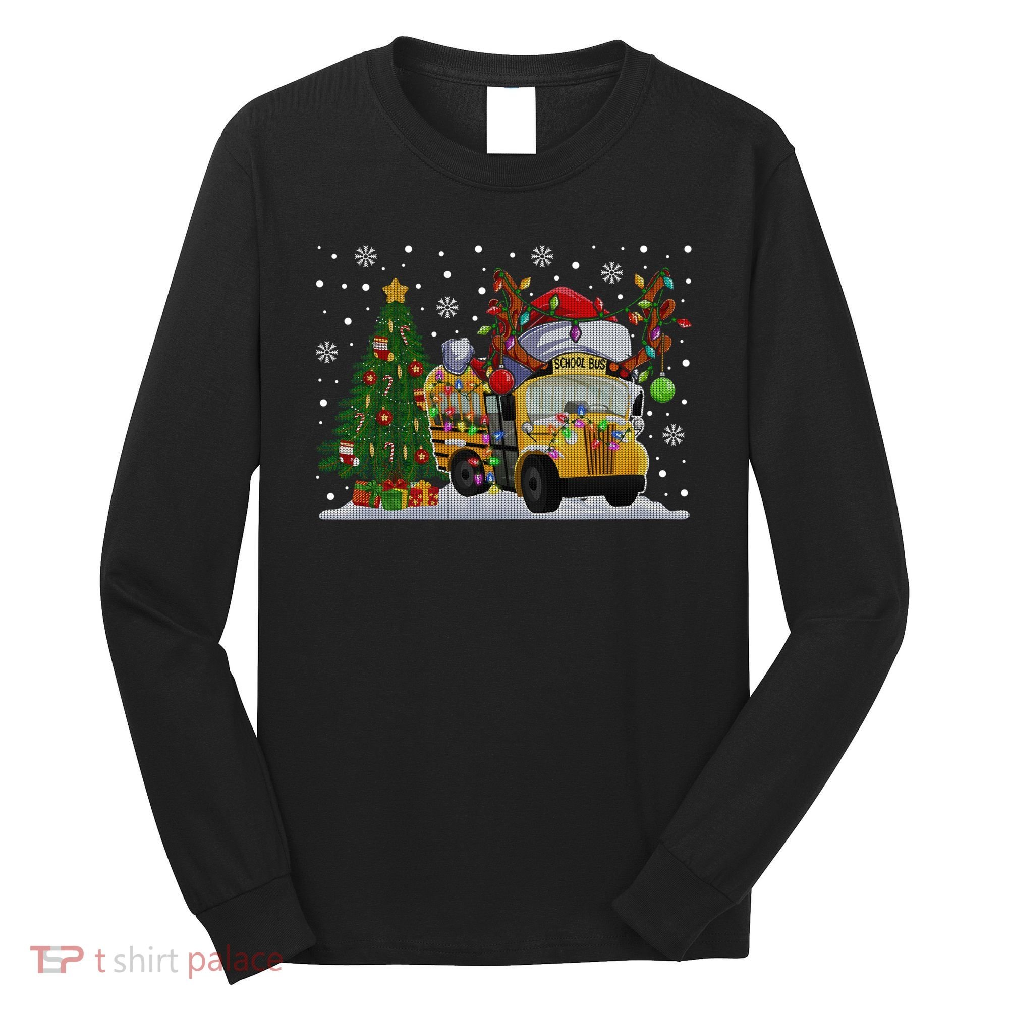 School Bus Driver Reindeer Santa Hat Ugly Christmas Sweater Long Sleeve Shirt
