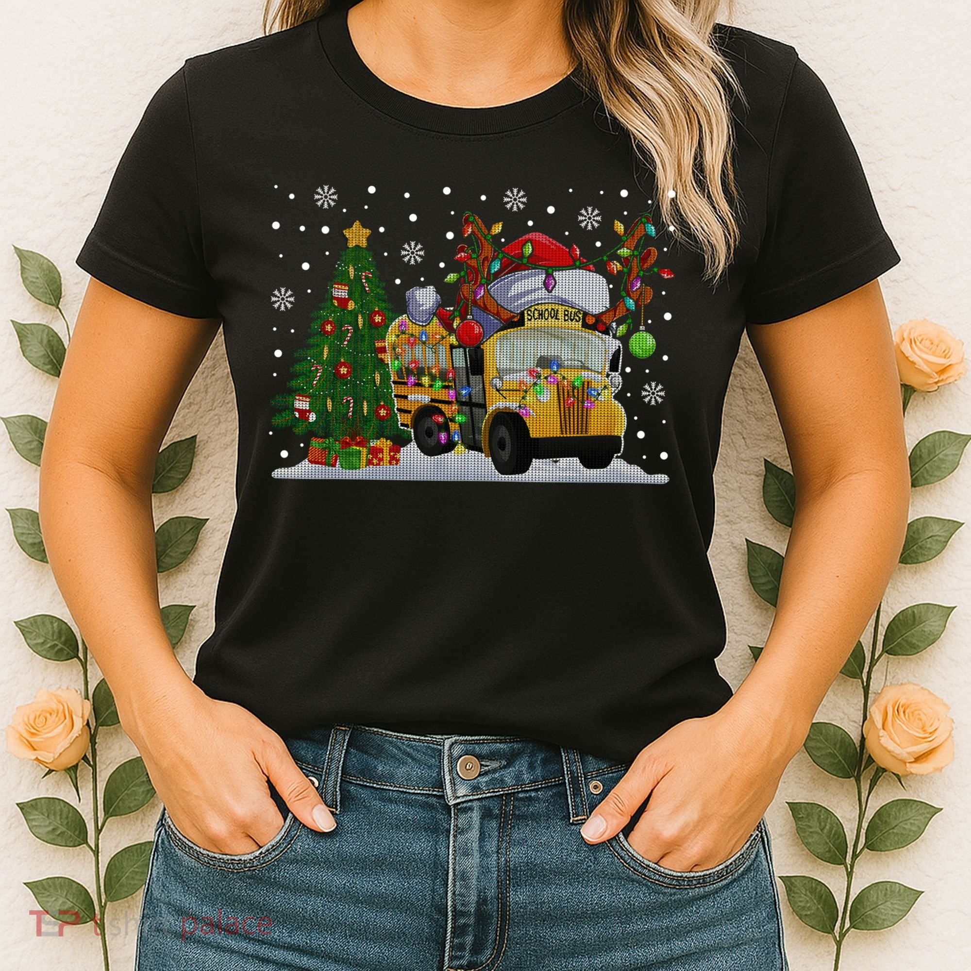 School Bus Driver Reindeer Santa Hat Ugly Christmas Sweater Women's T-Shirt