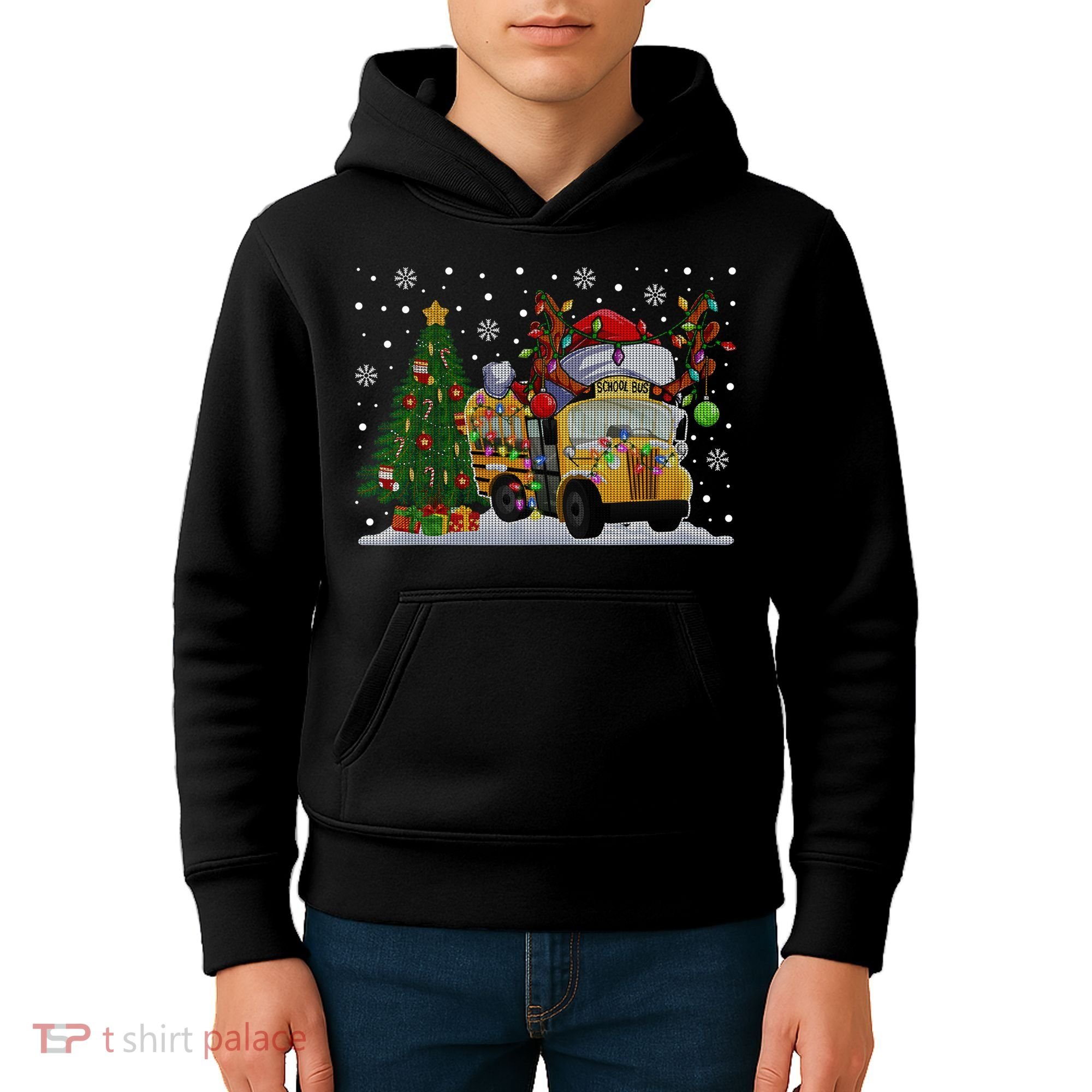 School Bus Driver Reindeer Santa Hat Ugly Christmas Sweater Kids Hoodie