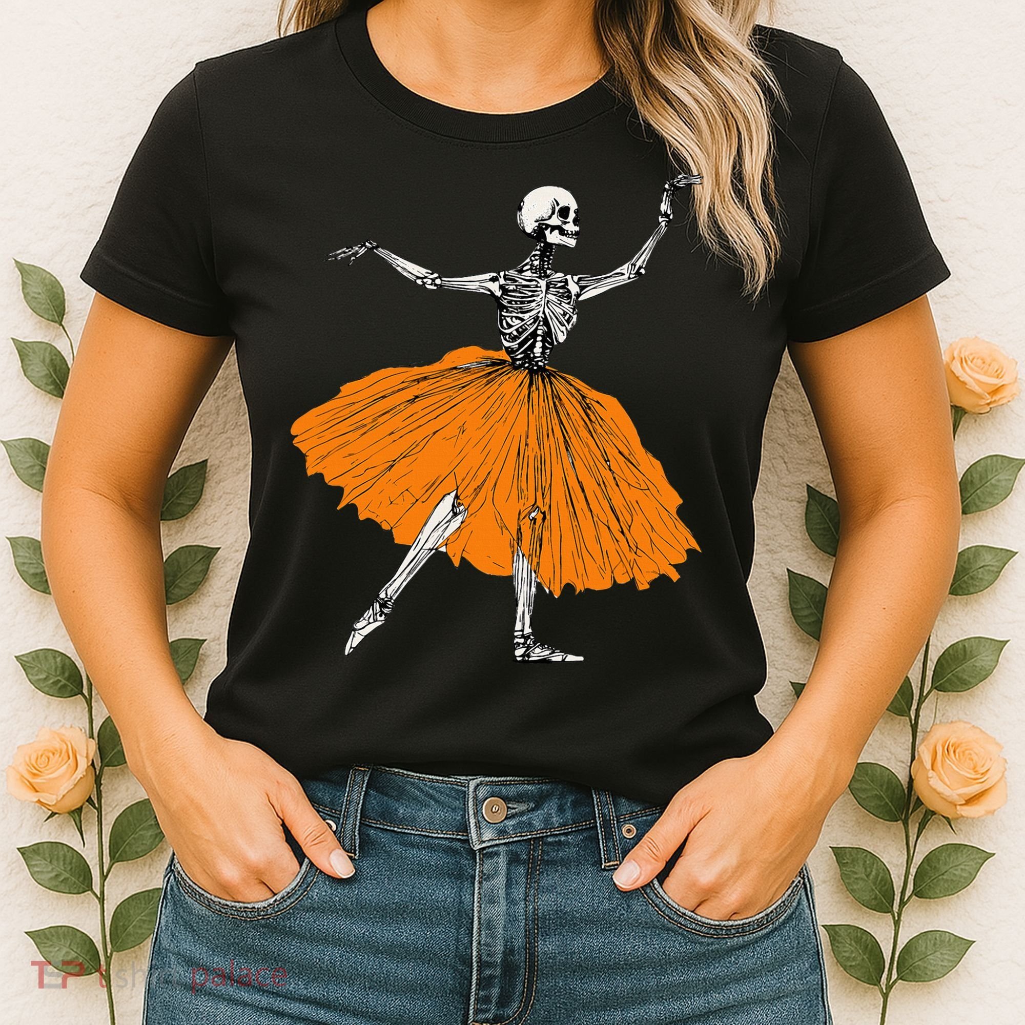 Skeleton Ballerina Dance Tutu Spooky Ballet Dancer Halloween Women's T-Shirt