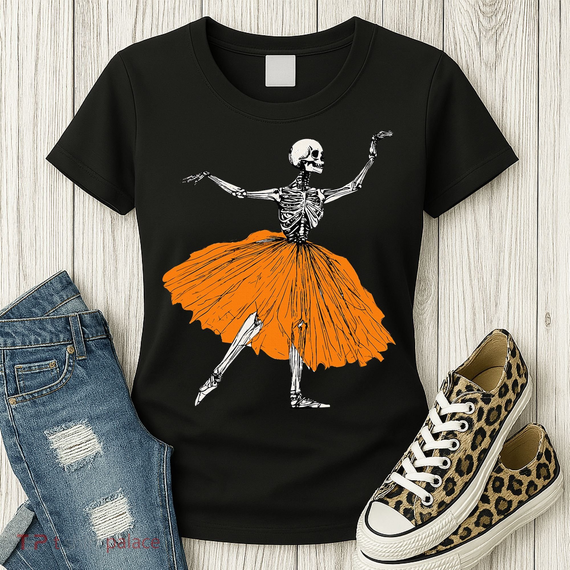 Skeleton Ballerina Dance Tutu Spooky Ballet Dancer Halloween Women's T-Shirt