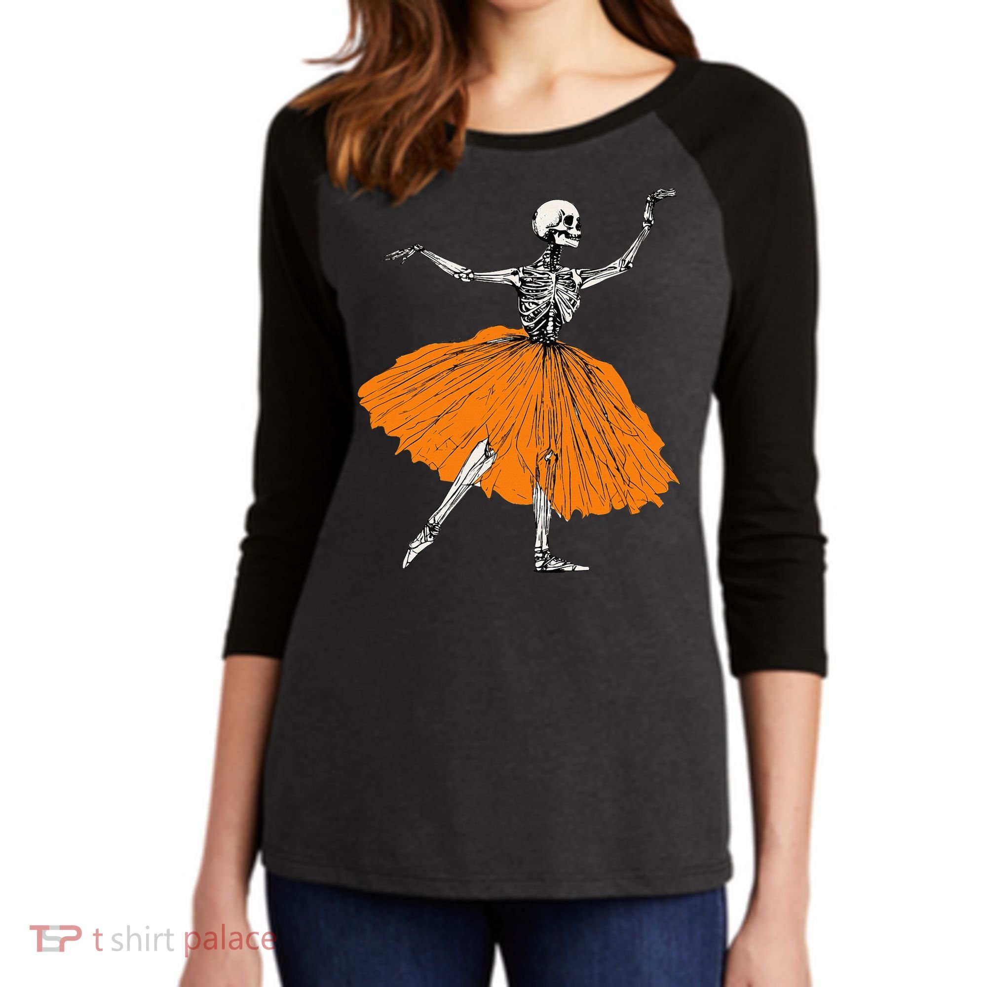 Skeleton Ballerina Dance Tutu Spooky Ballet Dancer Halloween Women's Tri-Blend 3/4-Sleeve Raglan Shirt