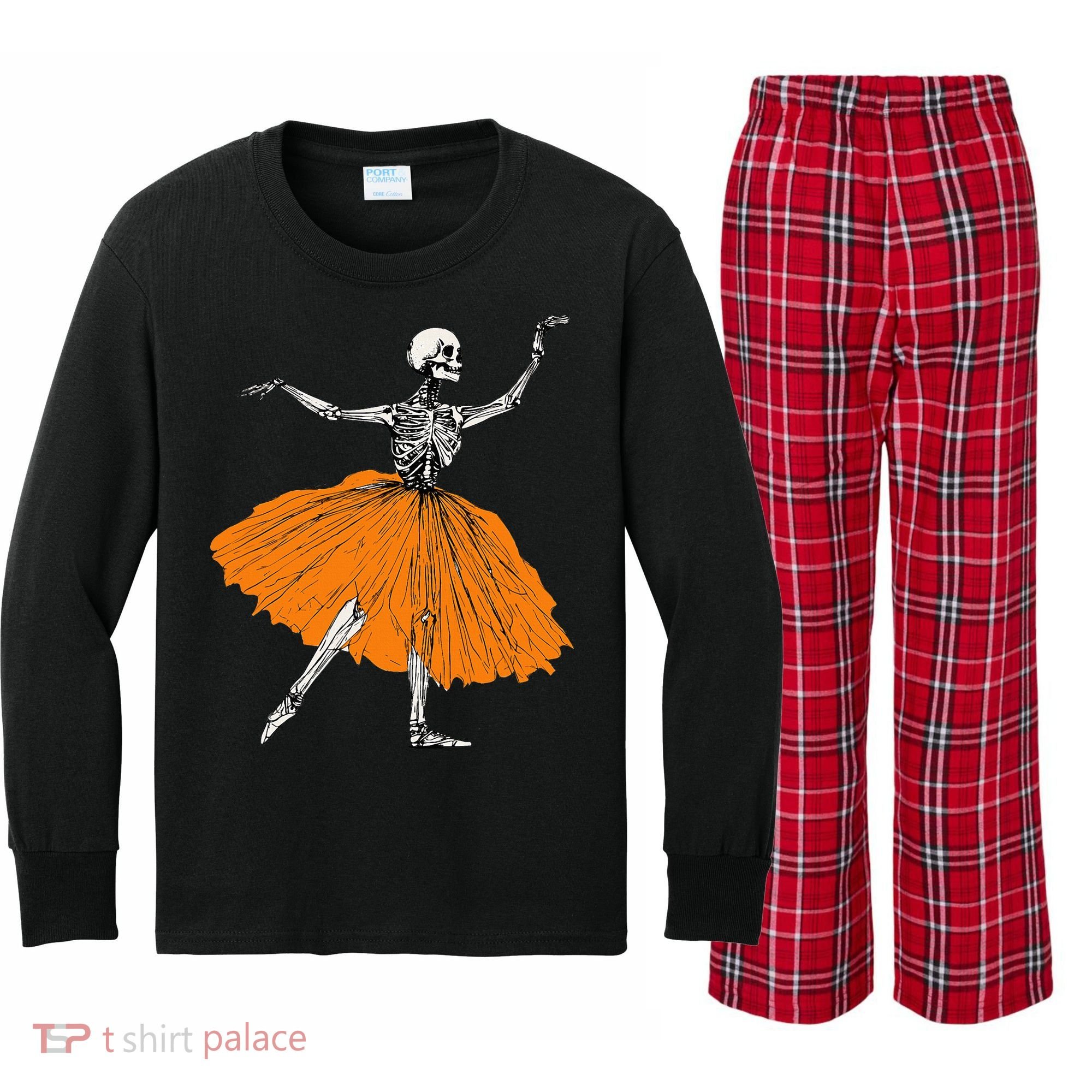 Skeleton Ballerina Dance Tutu Spooky Ballet Dancer Halloween Kids Long Sleeve Plaid Pajama Set