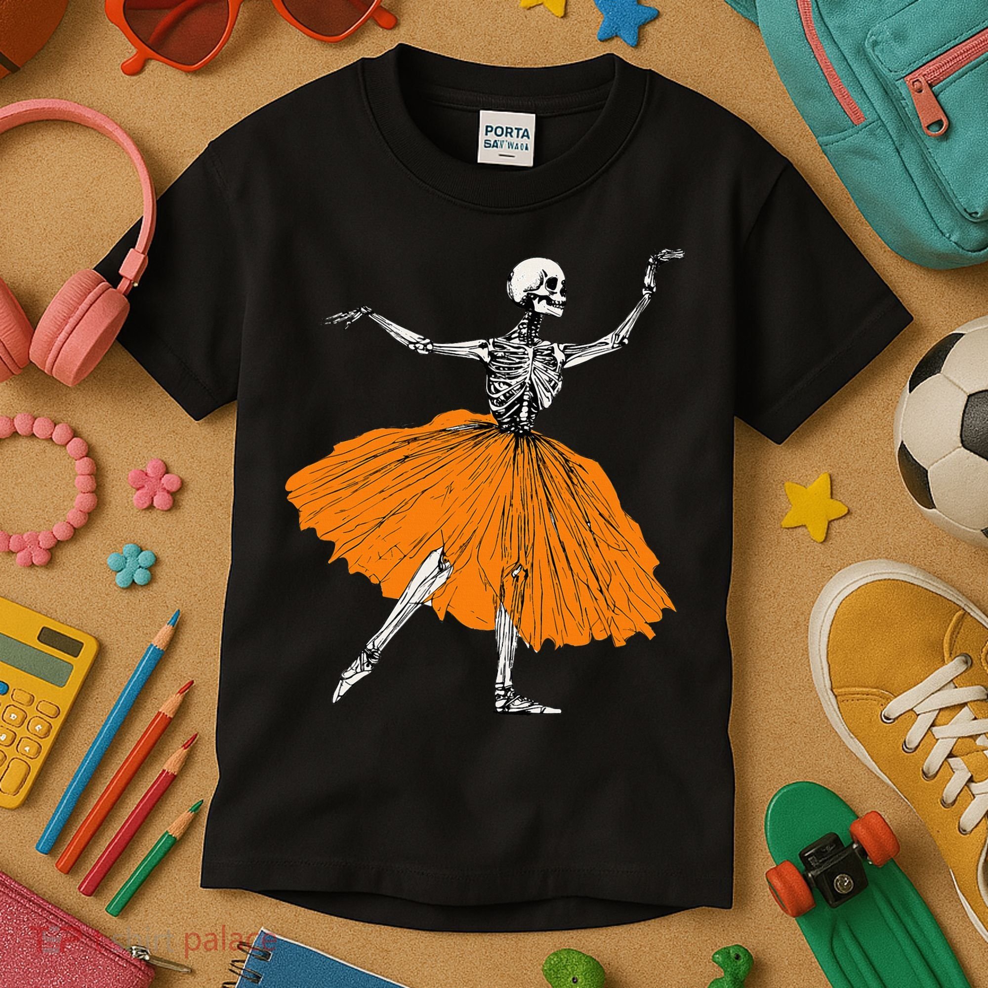 Skeleton Ballerina Dance Tutu Spooky Ballet Dancer Halloween Kids T-Shirt