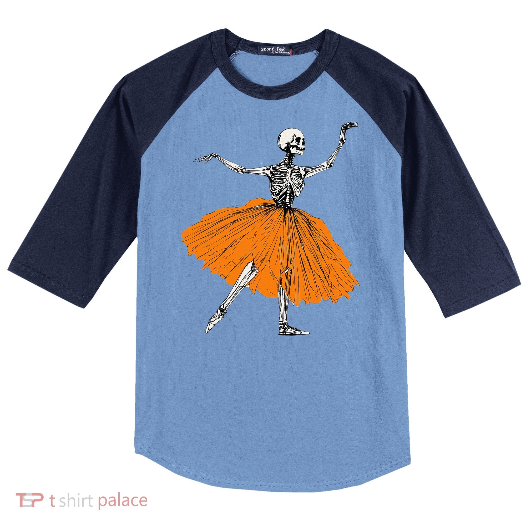 Skeleton Ballerina Dance Tutu Spooky Ballet Dancer Halloween Raglan Baseball Sleeve Shirt